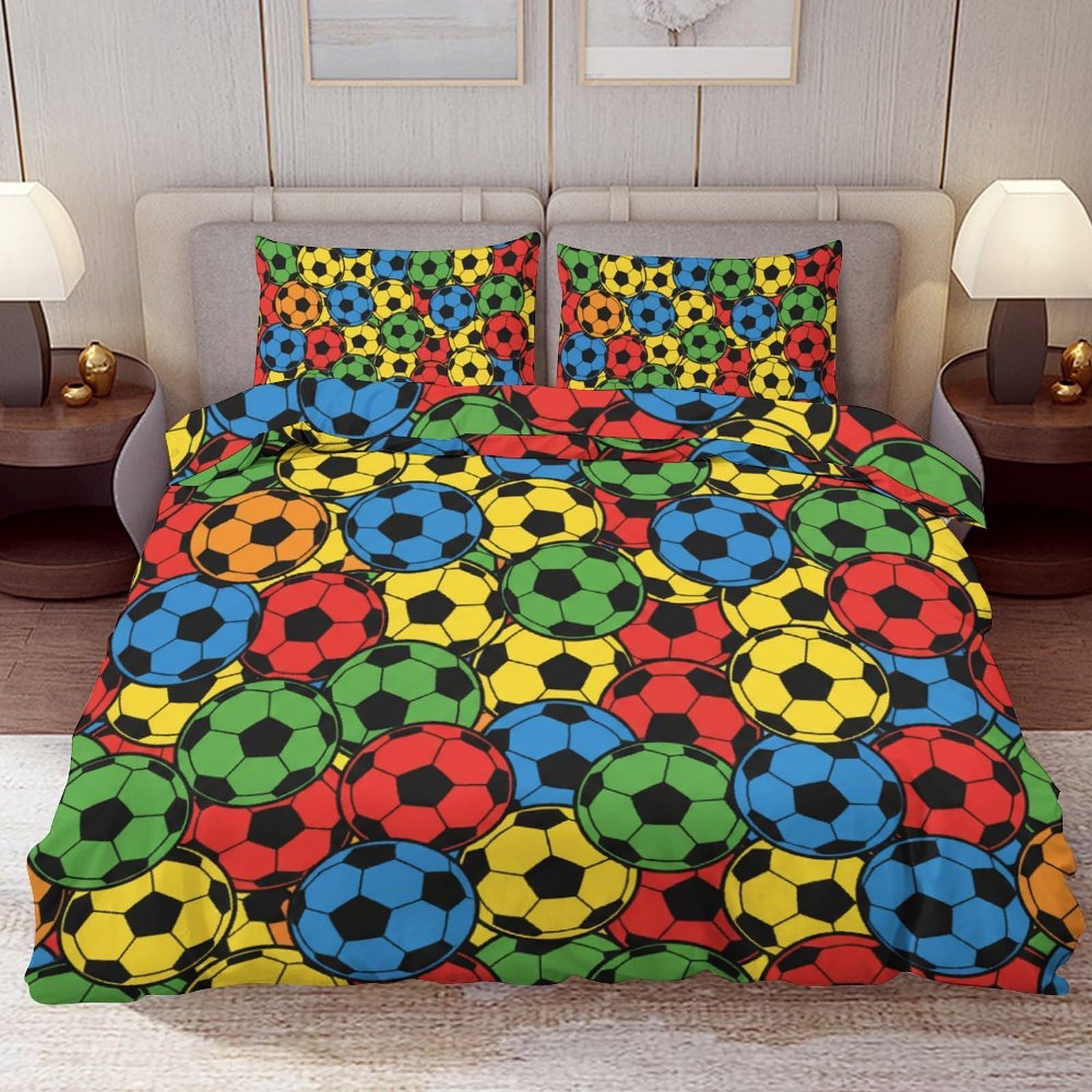Delerain Comforter Cover Set Queen Size, Rainbow Soccer Ball Sport 3-Piece Bedding Set for Women Men Modern Soft Microfiber Bedroom Set Room Decor, 1 Duvet Cover + 2 Pillowcases