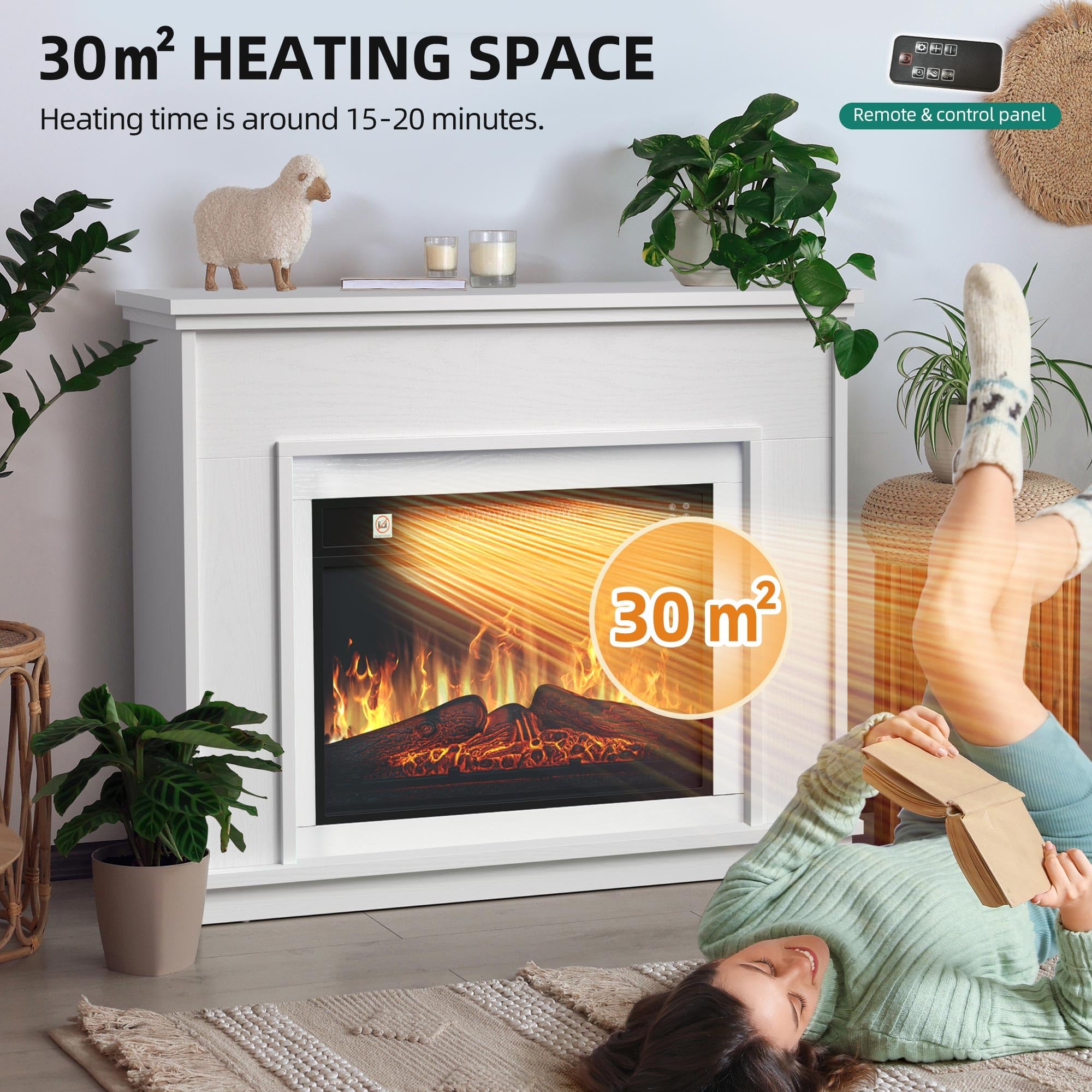 YITAHOME Elektrokamin, 23inch Realistischer 3D Flammeneffekt Erwärmungsfreistehender Elektrischer Kamin mit Timer und 24-Farb-LED-Lichtband und Fernbedienung