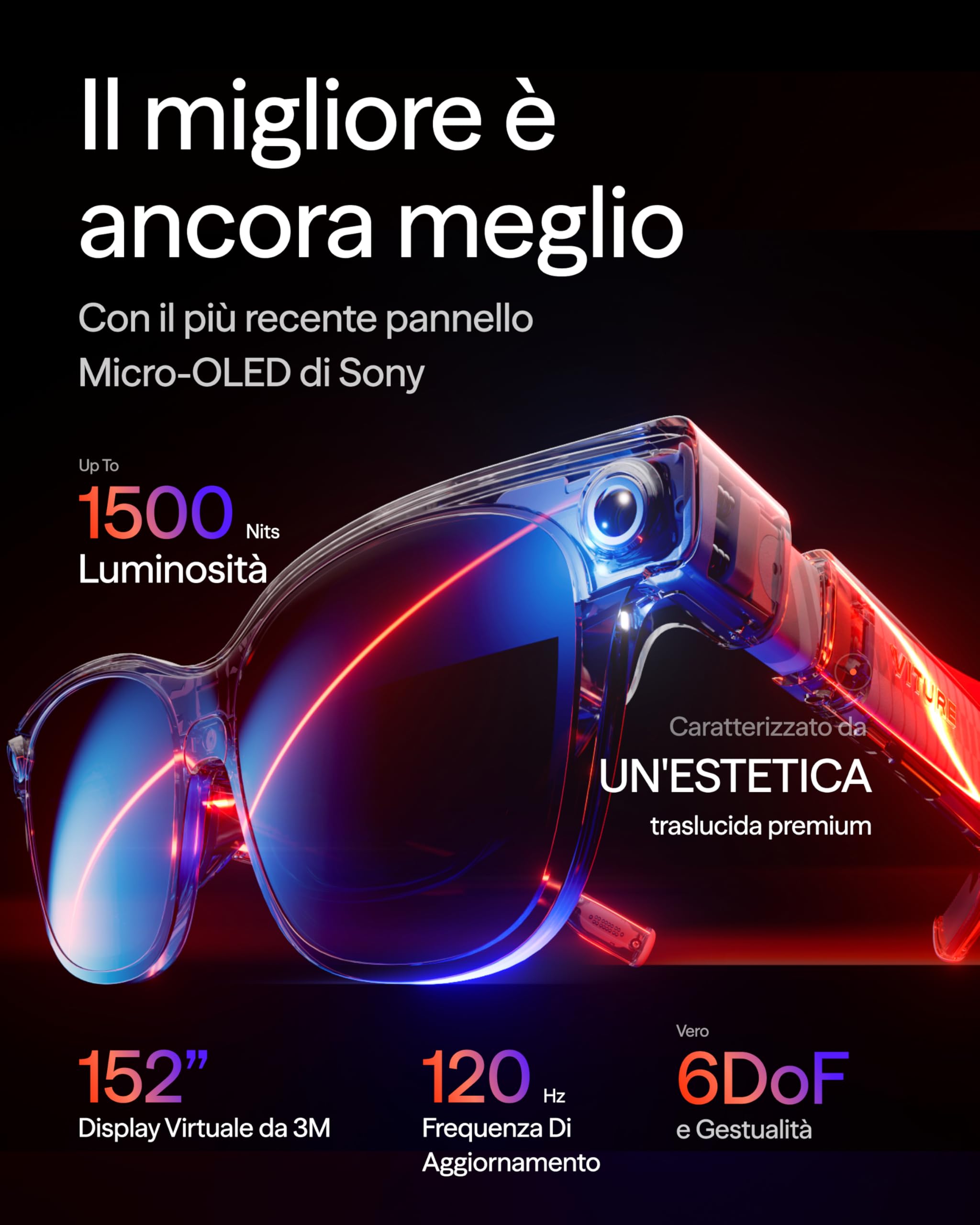 VITURE Luma Ultra Occhiali XR, 152'' 1500 Nits Occhiali AR 6DoF, 52° FOV, 2D in 3D, Film Elettrocromico, Occhiali Gaming per iPhone 17/16/15, PS5, PS4, Switch 2, Android, Mac, PC