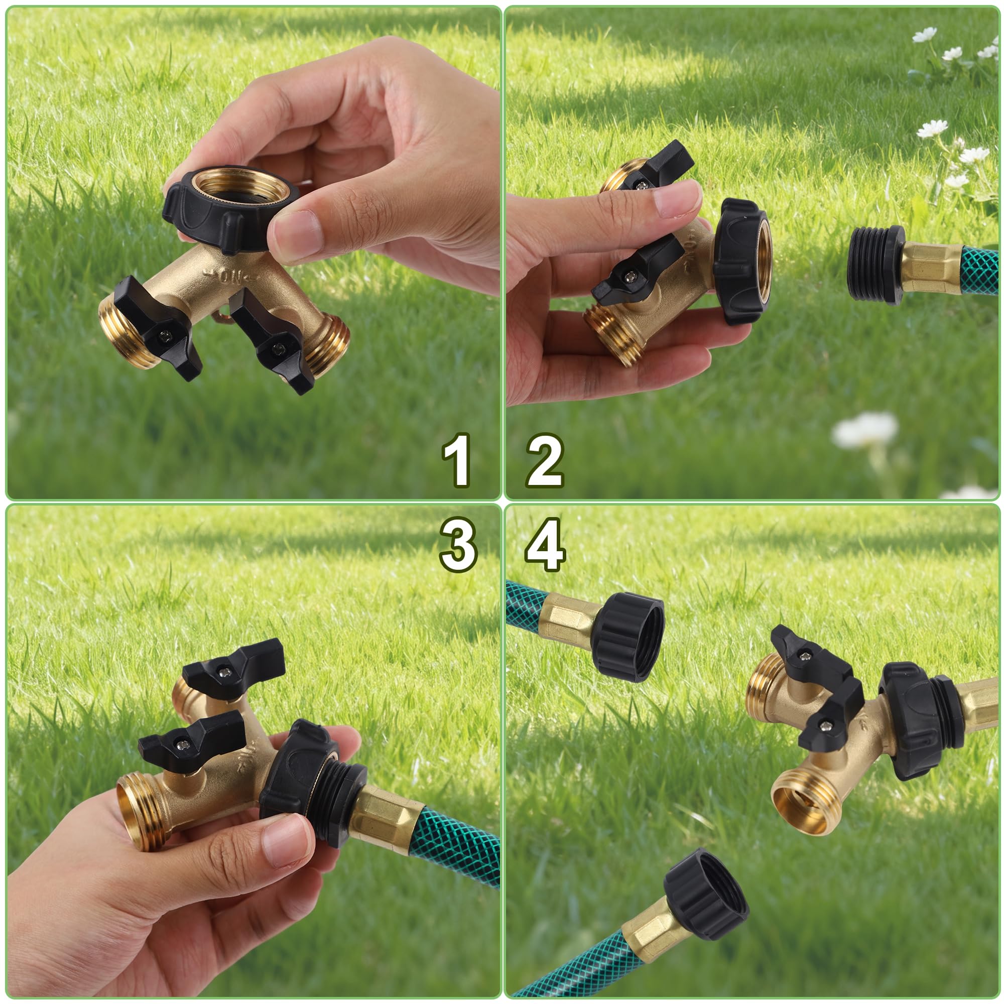 Biswing Splitter per tubo da giardino a 2 vie, connettore in ottone resistente, splitter a Y, 2 valvole con 2 rondelle in gomma extra