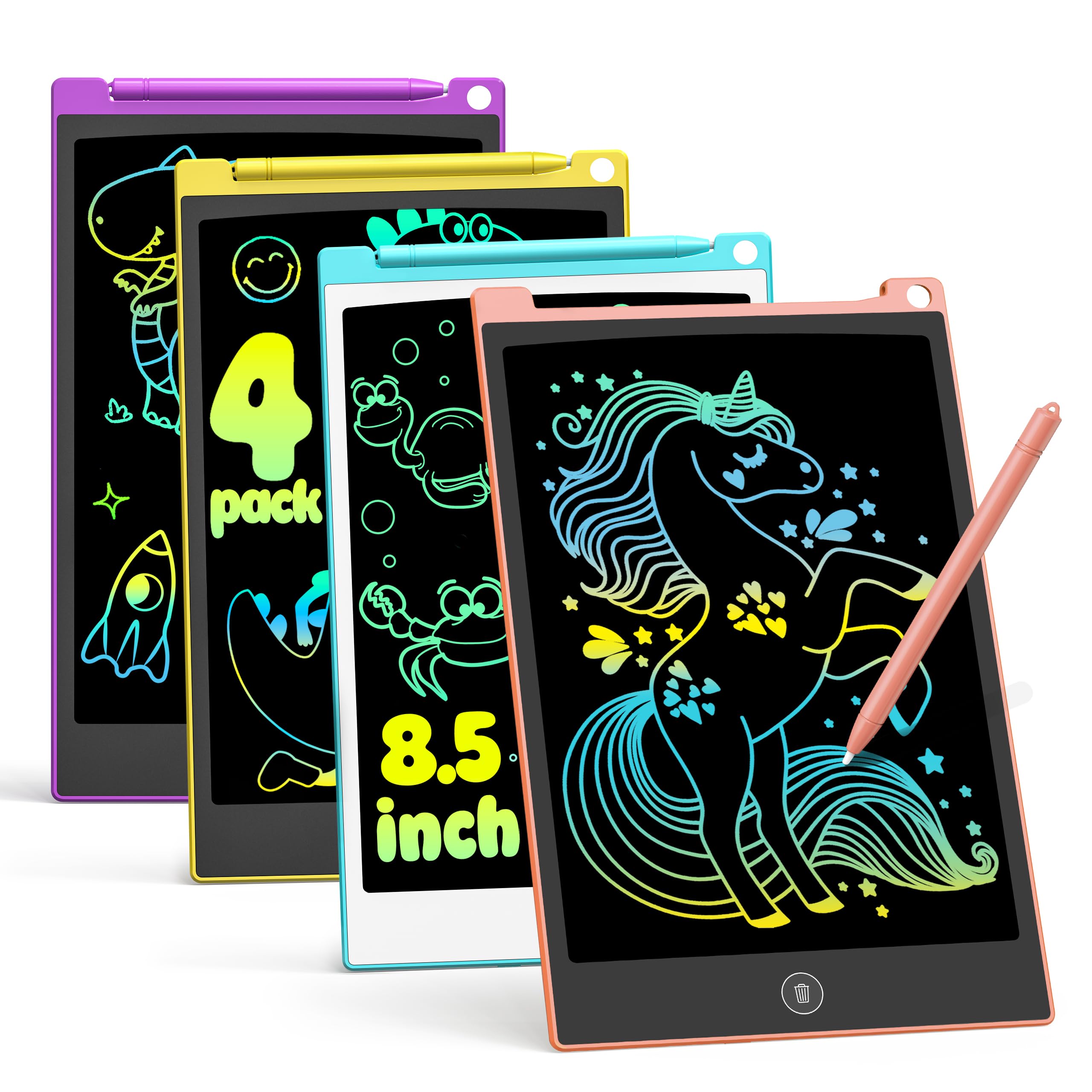 LCD Writing Board, Pack of 4, 8.5 Inch Tablet for Children and Adults, Erasable, Reusable Writing Drawing Pad, with Lockable Erase Button (Blue + Pink + Yellow + Purple)