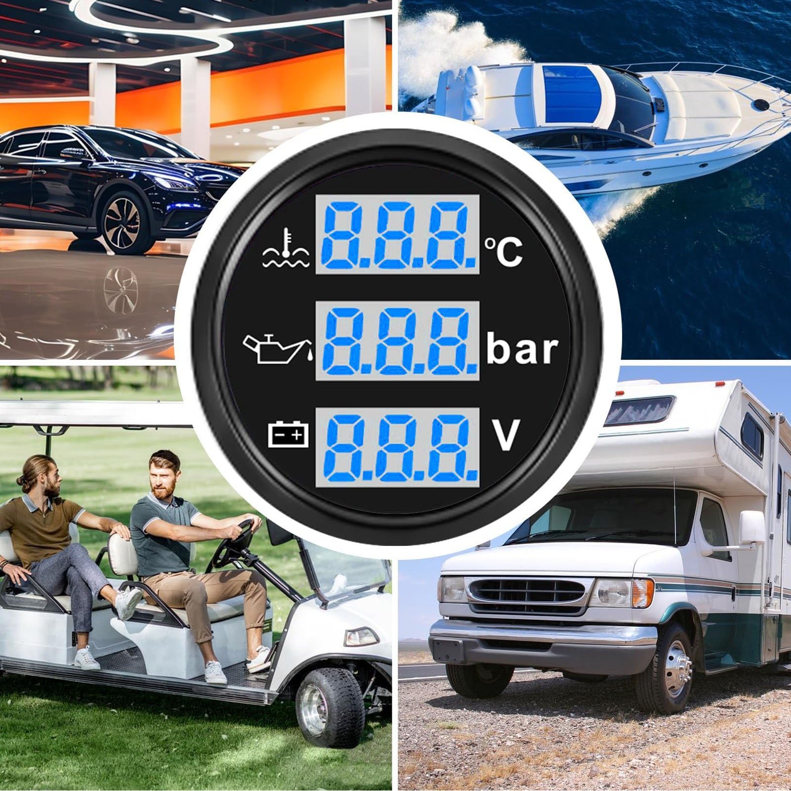 Voltímetro de Presión de Aceite y Temperatura del Agua para Barcos, 52mm | 3 en 1 Pantalla digital, IP67 Prueba de Agua, Multifunctional Juego de Calibre Triple para Vehículos Base Negra Marco Negro