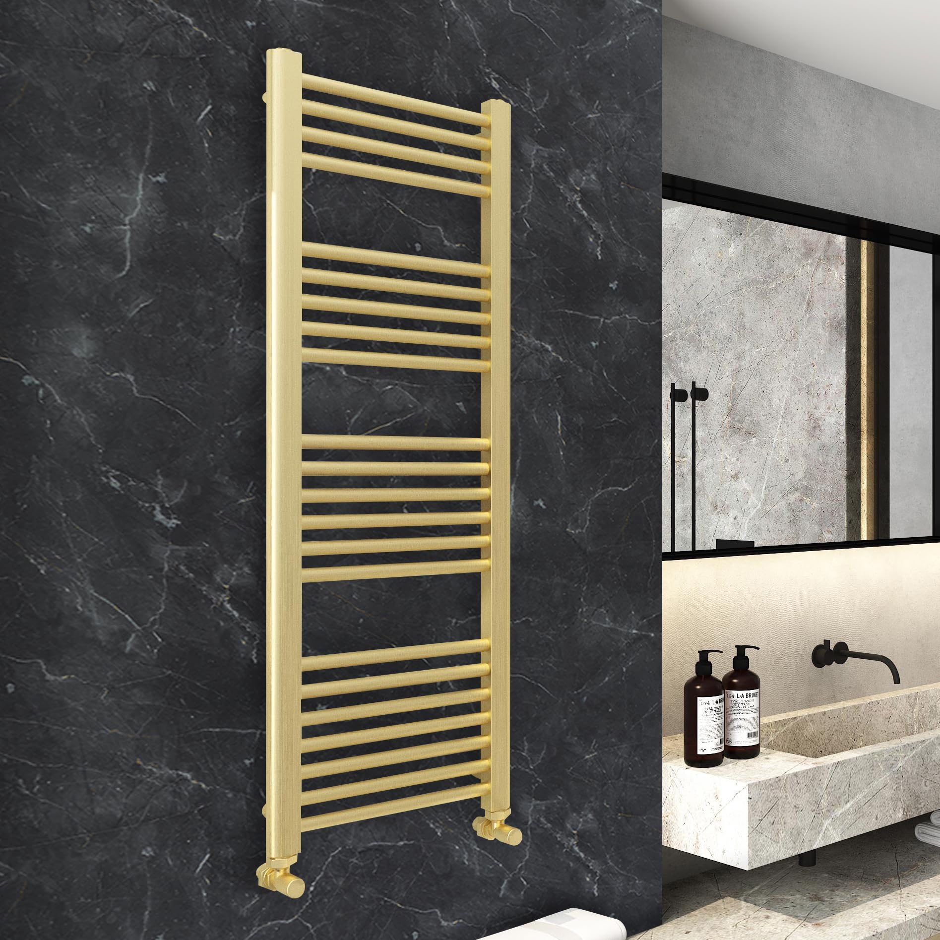 Nwt Direct Brushed Brass 400Mm (W) X 1200Mm (H) Straight Heated Towel Ladder Rail Bathroom Radiator - 1637 Btus