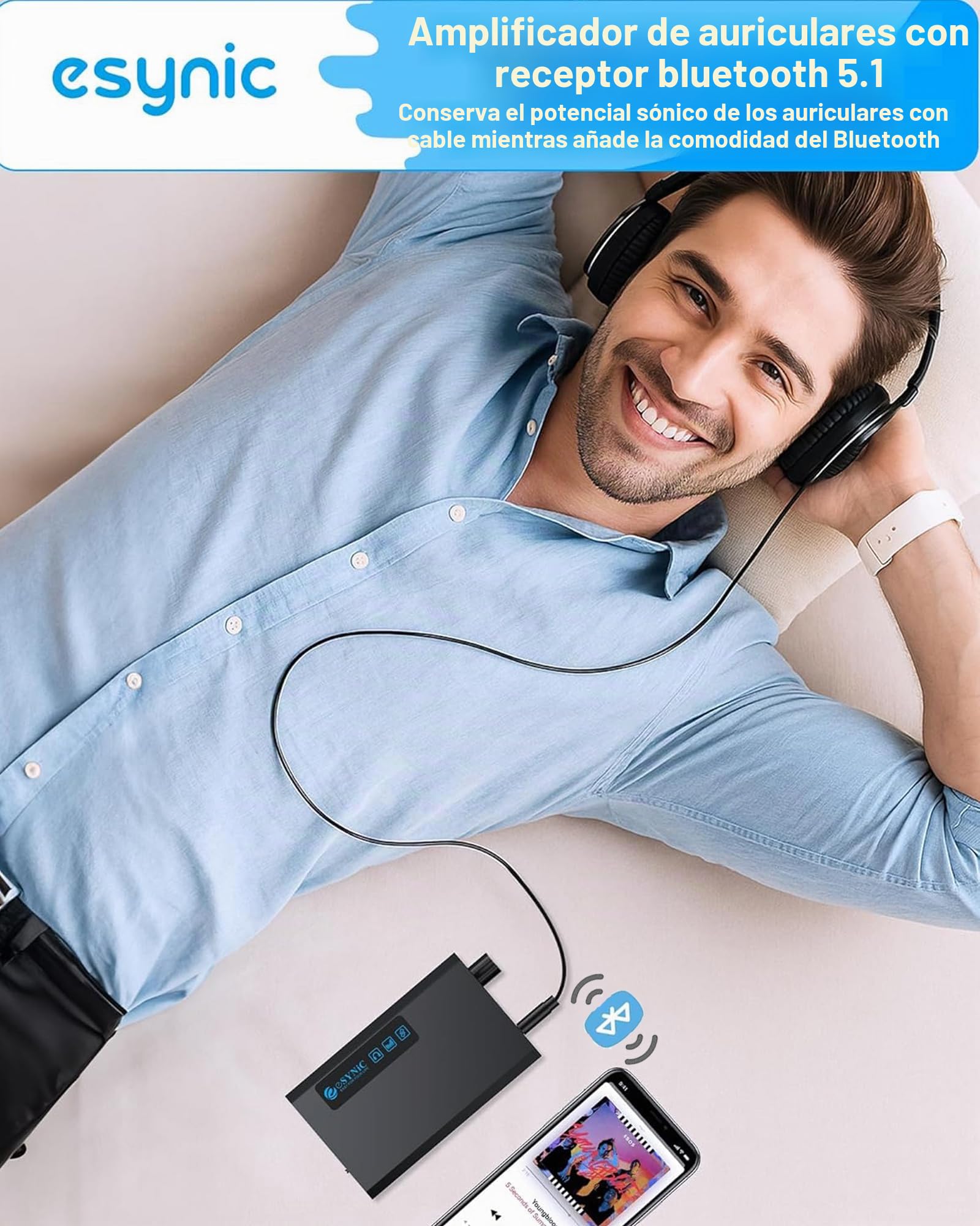eSynic Amplificador HiFi para Auriculares con Receptor Bluetooth 5.1, Impedancia 16-300Ω, 2 Niveles de Ganancia, Batería Recargable de 1500mAh con Cable USB-C y Cable de Audio para MP3 Smartphone