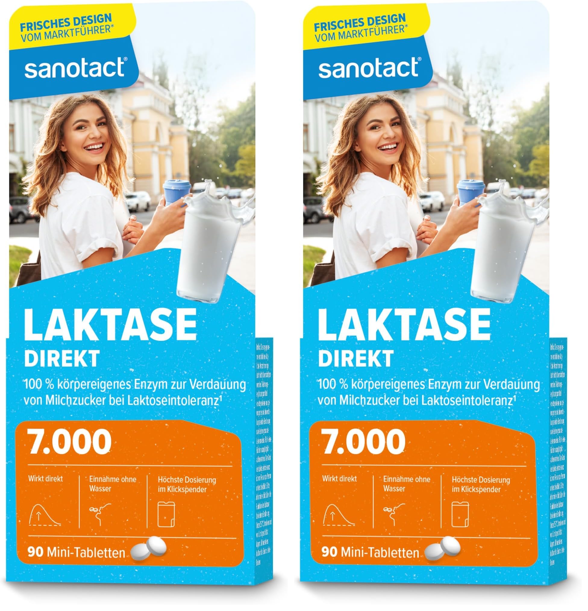 sanotact Laktase 7.000 Direkt • 90 Mini-Laktose Tabletten mit Sofortwirkung + hochdosiert • Bei Laktoseintoleranz + Milchunverträglichkeit (Packung mit 2)