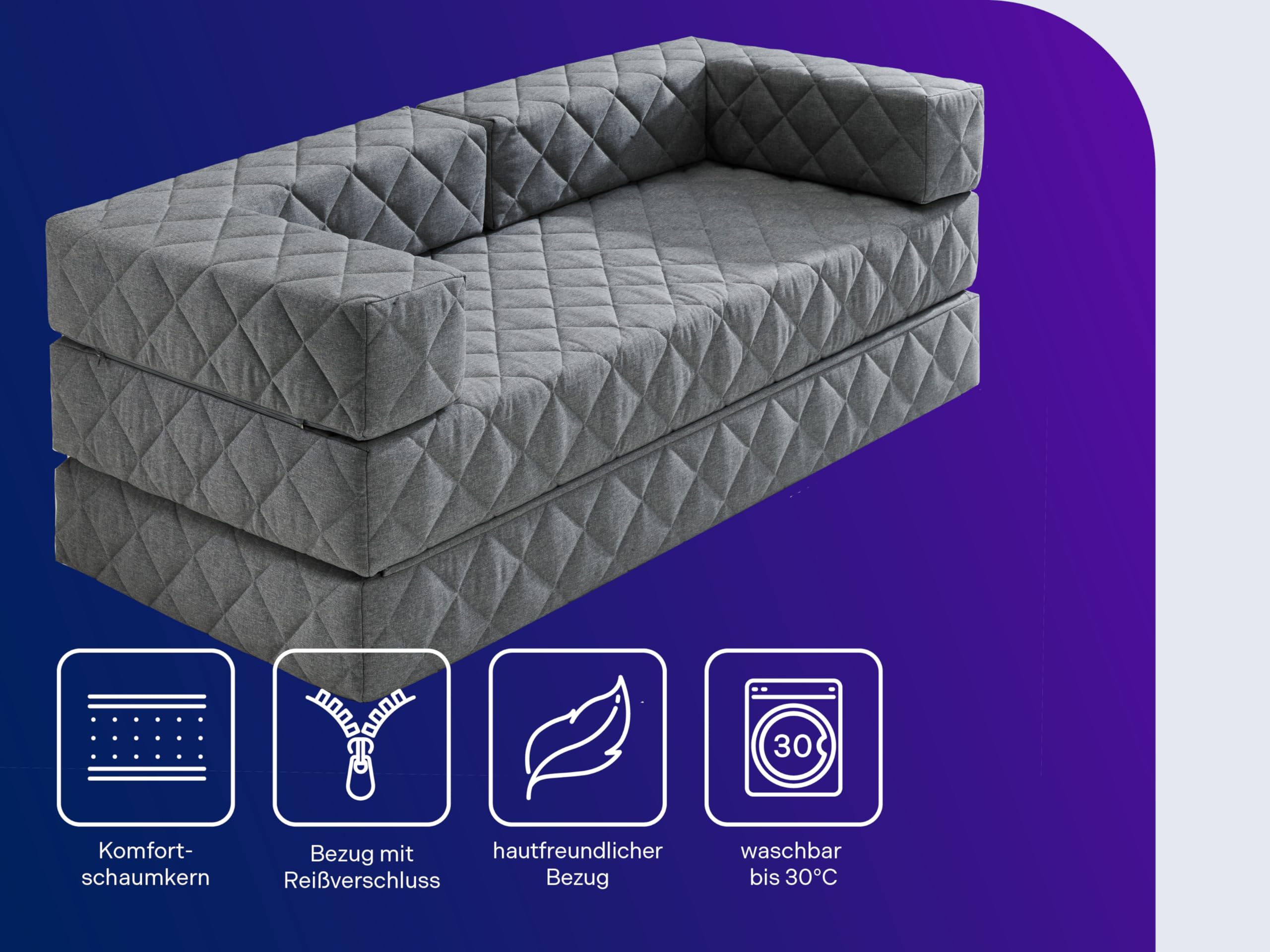 Traumnacht Schlafsofa und Gästesofa mit Schlaffunktion 175x80x65 cm – Grau mit 2 Spitzkissen, abnehmbarer Bezug, für Kinder und Erwachsene