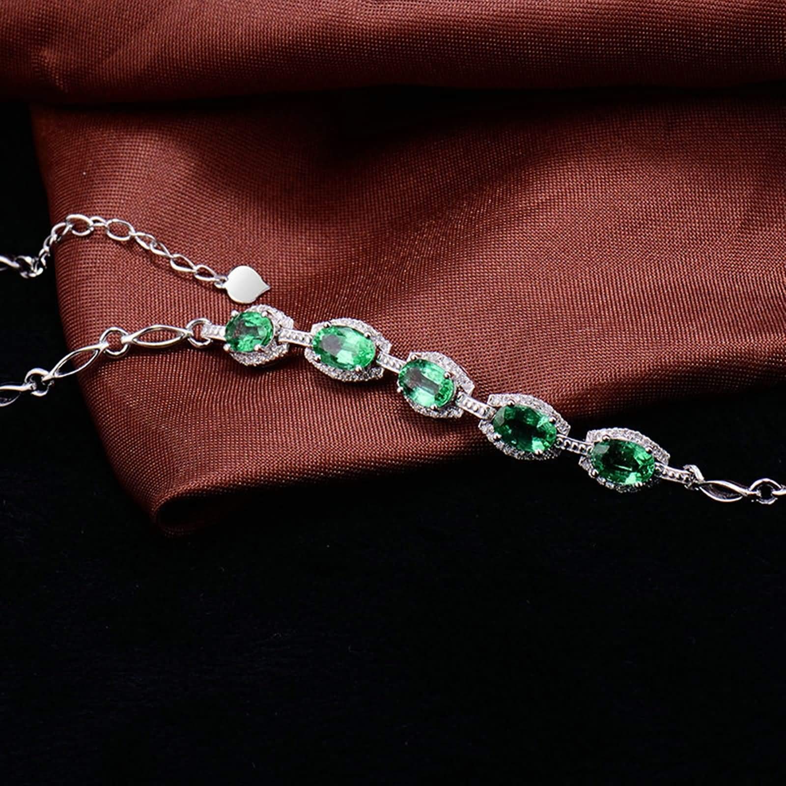 Pulseras de Mujer de Oro Blanco 9 Kilates / 14 Kilates / 18 Kilates, Oval con Esmeralda de 2,17 ct y Diamante de 0,24 ct, Cadena Extensible 16 CM + 5 CM, Pulsera Mujer Ajustable Plata Verde