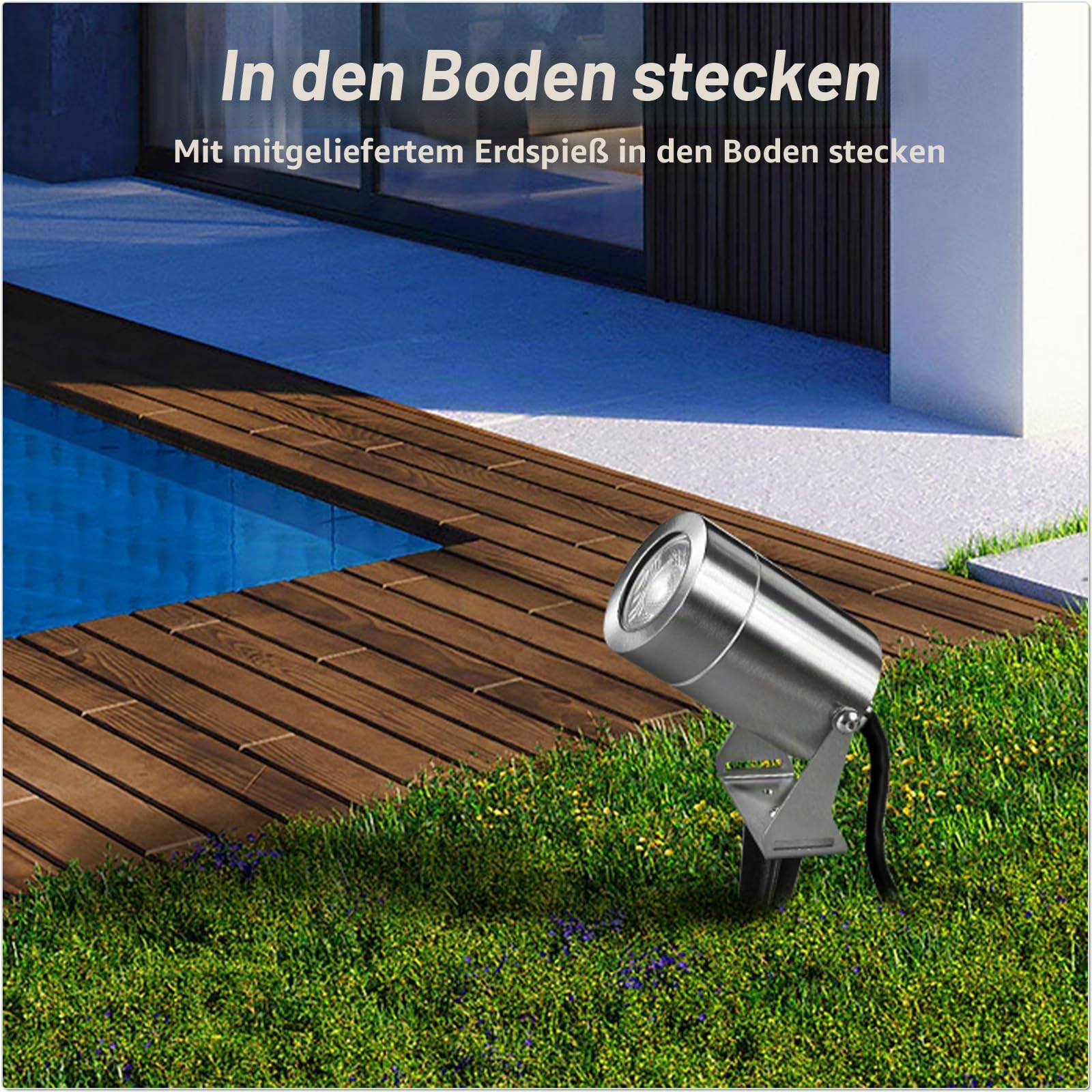 JNR Edelstahl LED Gartenbeleuchtung mit Strom und Erdspieß (4, Silber) | IP65 Wasserdicht Gartenlampen für Draußen Strom mit 2M Kabel mit Stecker, Gartenleuchten 5W GU10 3000K Warmweiß Glühbirne