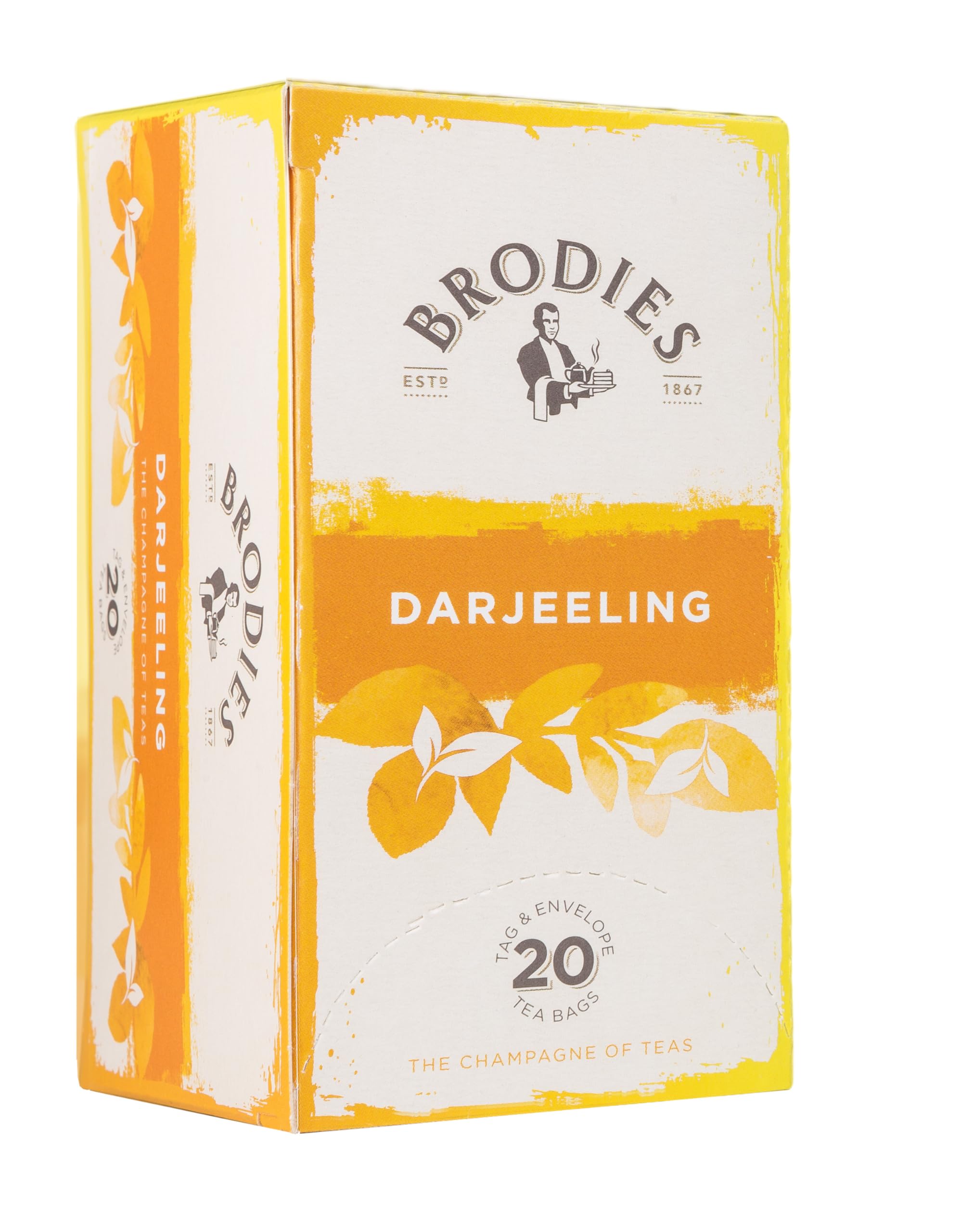 Brodies Darjeeling Tag and Envelope - 6 Tea Boxes of 20 Tea Bags each (Total 120 Tea Bags) - The Champagne of tea with a penetrating but delicate flavour with a refreshing aftertaste