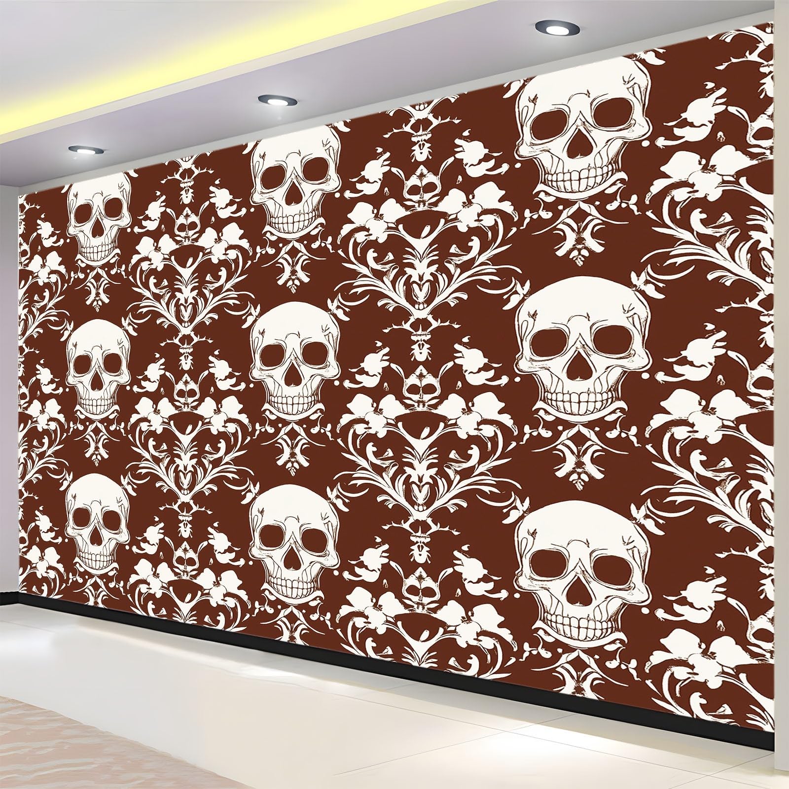 350 x 256 cm, fototapeta z efektem 3D, gotycka czaszka kwiatów, fototapety do salonu, sypialni, tapeta na flizelinie, tapeta ścienna, szara