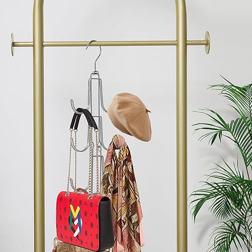 Miniatura 5 de Paquete de 2 organizadores de bolsos para armario, soporte de bolsa colgante de 4 niveles, organizador de armario de metal plateado, colgador de