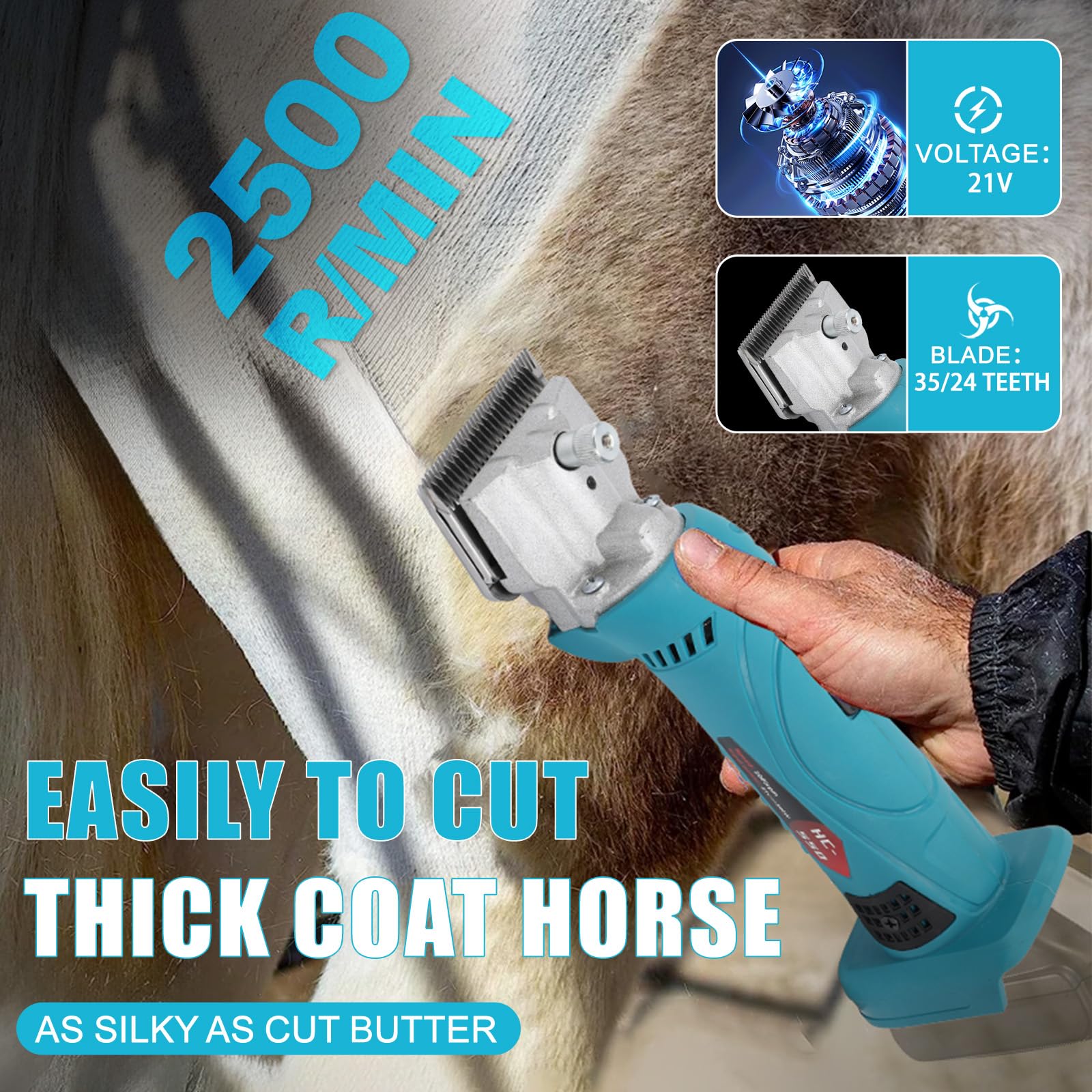 Roadtime Esquiladora Caballos Compatible con makita 18v batería,2500 PRM/MIN Profesional Maquina pelar Caballos para Ovejas Ganado Animales con motor potente, Control de 6 velocidades (Sin batería)