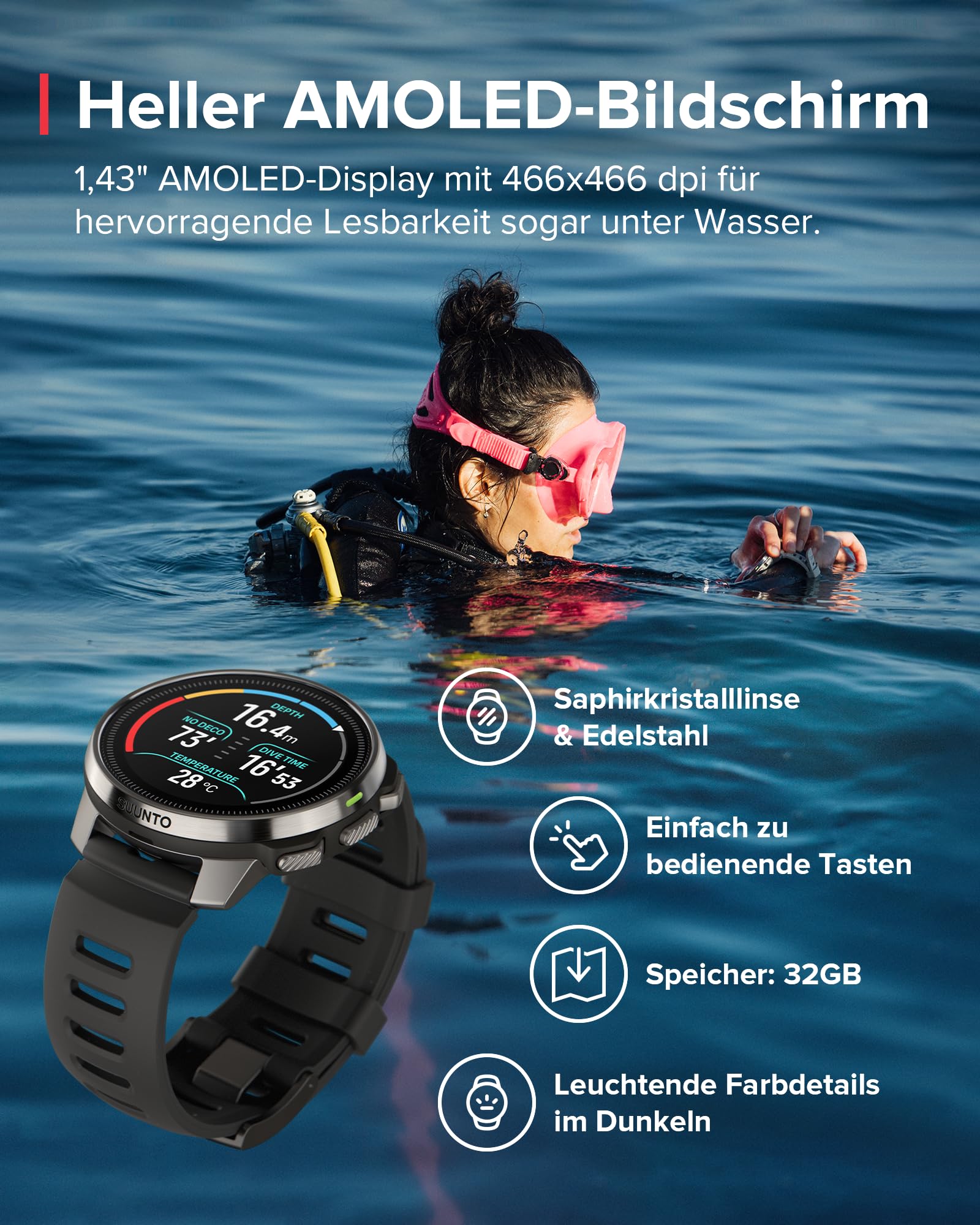 SUUNTO Ocean Tauchcomputer, GPS-Multisportuhr, wasserdicht bis 100 m | Routenverfolgung unter Wasser, kabellose Tankdrucküberwachung, Dualband-GNSS, Offline-Karte, 16 Tage Batterielaufzeit