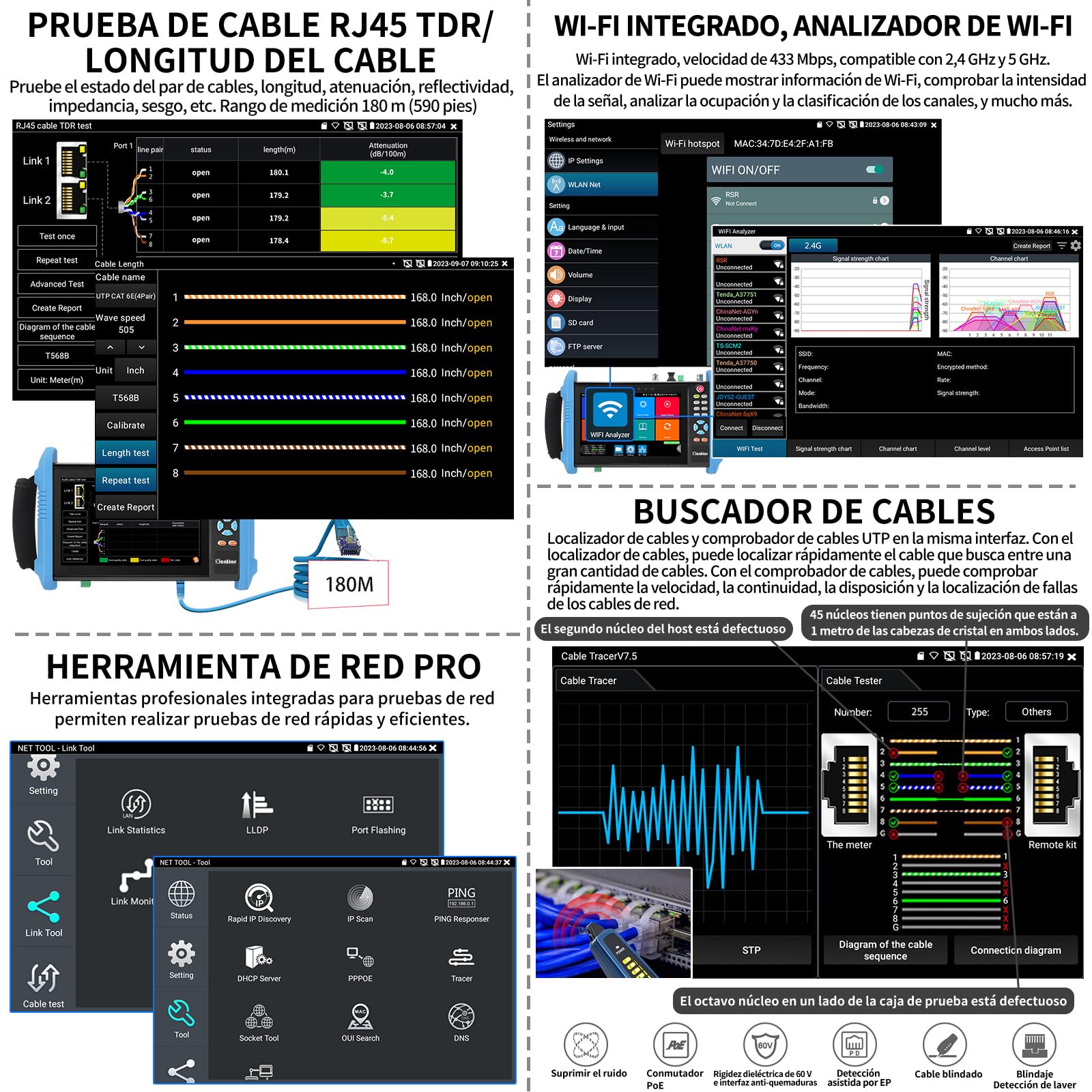 Henkion Probador de Cámara CCTV Monitor, Tester IP 8K 32MP 4K 12MP con PoE++ 90W, Pantalla Táctil IPS 7" Probador de Cables Herramientas de Red con Interfaz SFP IPC-9800CPro y Rastreador de Cables