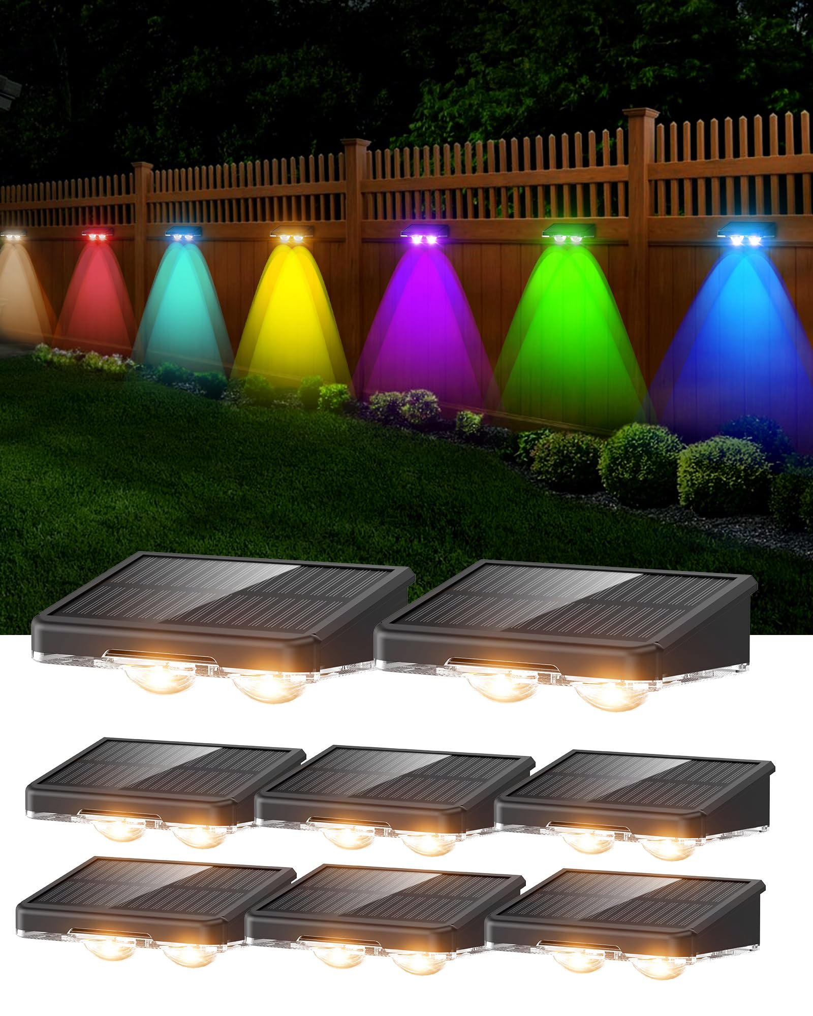 DANCINGBOAR Solar Fence Lights, Outdoor IP65 Waterproof LED, RGB Fence Lights Solar Powered 7 Colors, for Wall, Patio, Deck, Backyard, Garden, Pool, Railing (8 Pack)