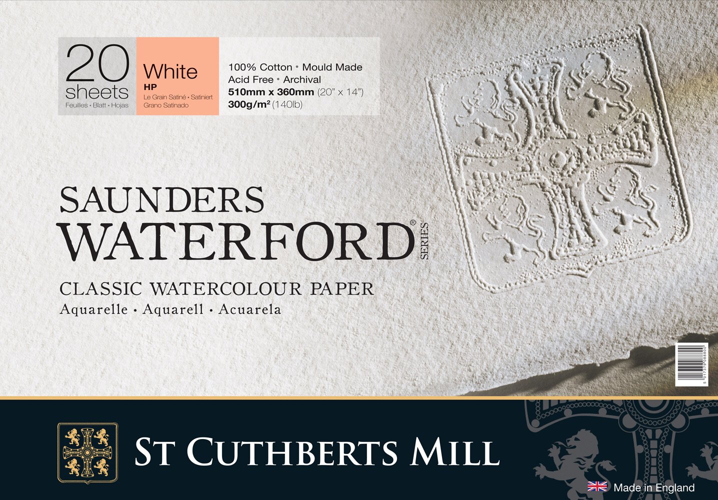 Saunders Water Ford Series White Saunders Waterford 20" X 14" Block Classic Watercolour Paper 300Gsm (140Lb) Hot Press 20 Sheets