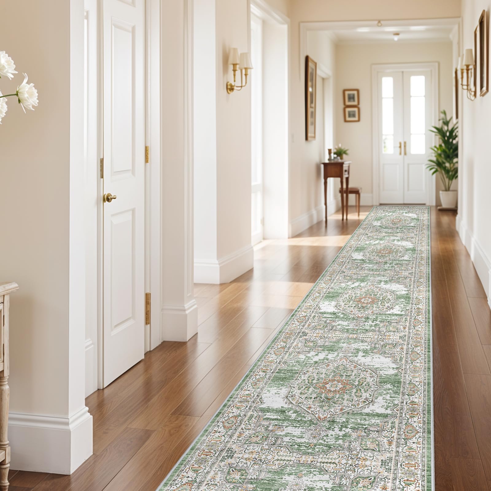 Washable 3x20 Long Hallway Runners, Extra Long Runner Rugs for Living Room Ultra Soft Floor Mat for Entry Bedroom Non Slip Accent Farmhouse Carpet for Ding Room (Green/Ivory, 3x20)