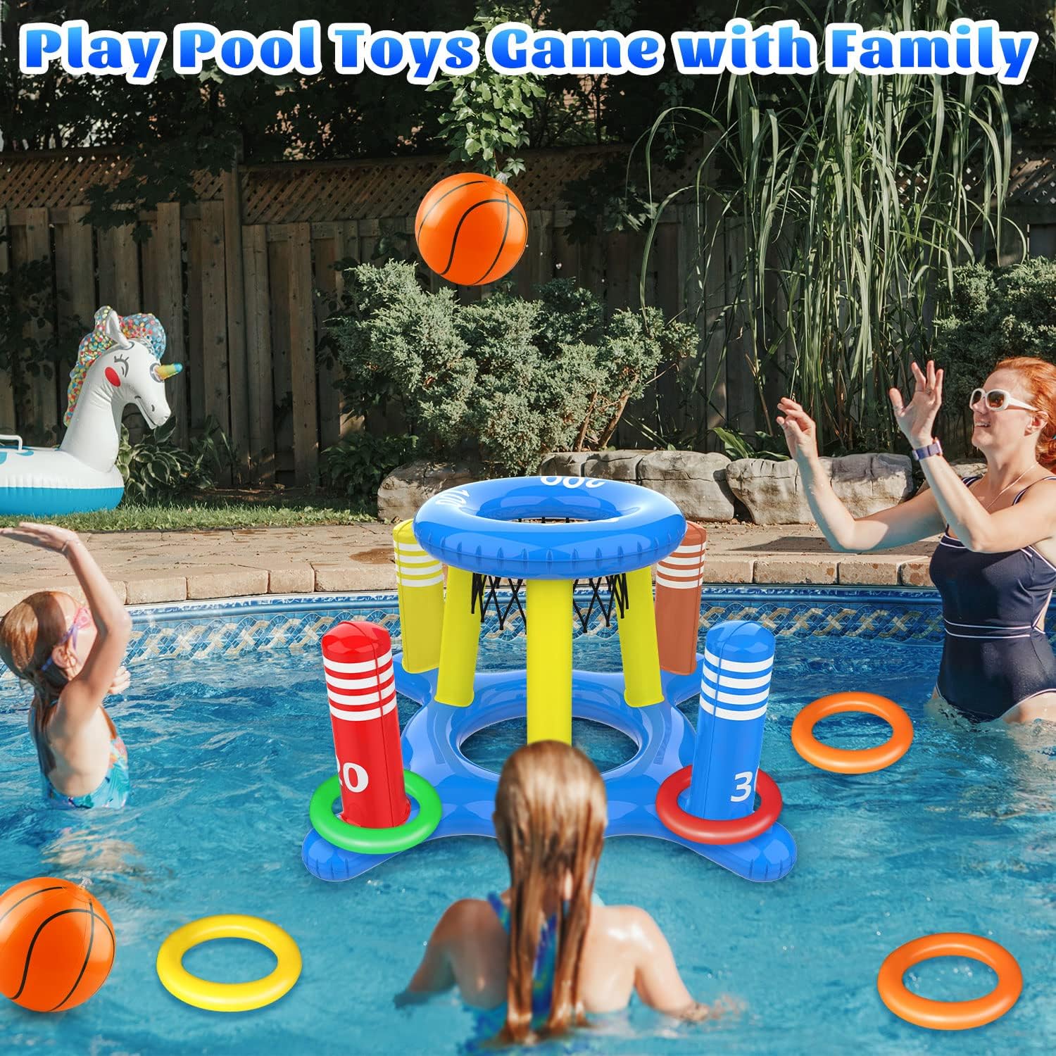 Jeux Piscine Gonflable 2 en 1, Panier de Basket Flottant et Lancer D'anneaux, Journée D'été Jeu Piscine de Fête en Extérieur pour Enfants Adultes, Bleu, PVC, 12 Pièces, 12 Count