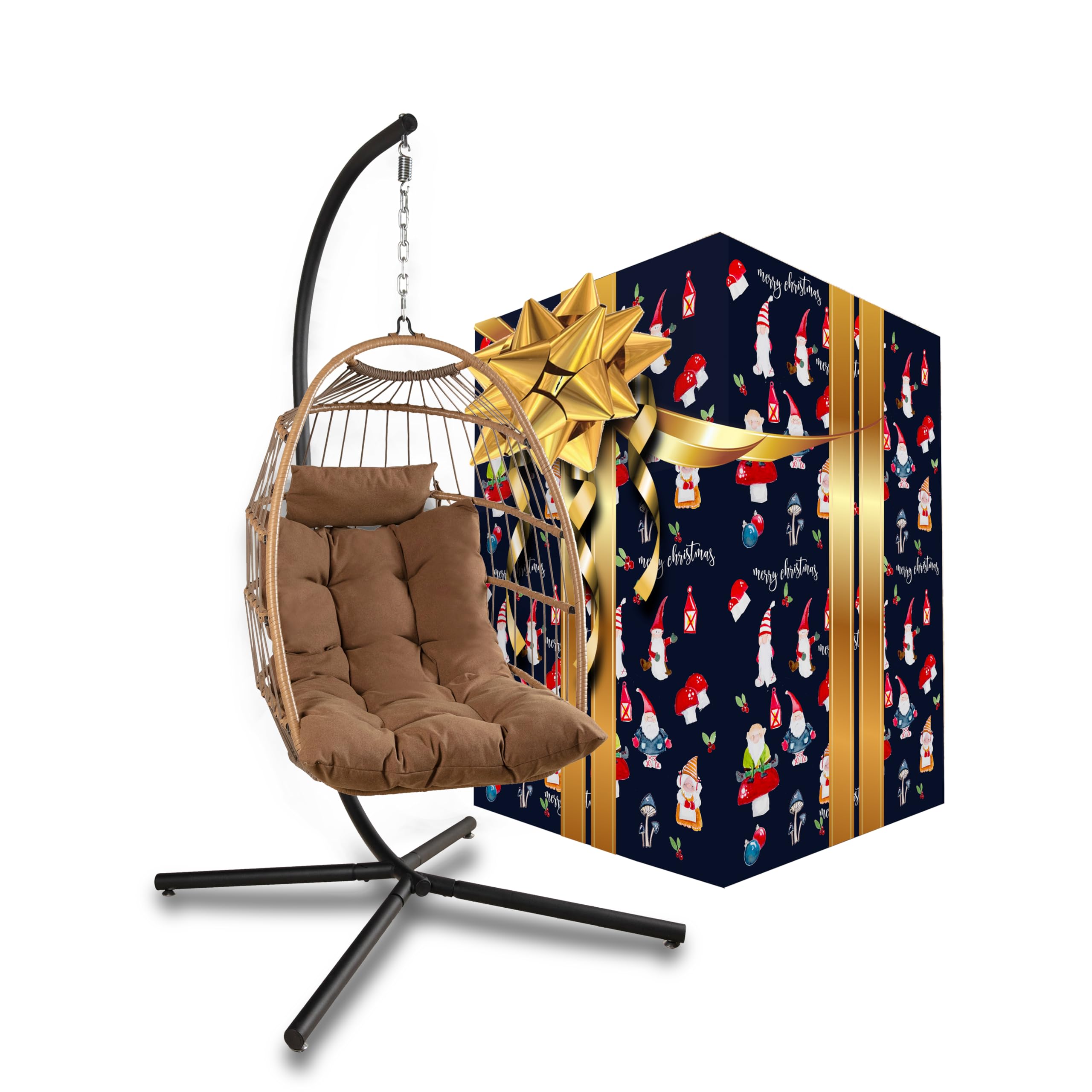SereneLife Sedia a Dondolo a Uovo con Supporto, Capacità Fino a 250 Kg, Sedia Sospesa Poltrona a Dondolo in Rattan con Struttura in Acciaio Verniciato a Polvere per Casa e Giardino con Cuscino
