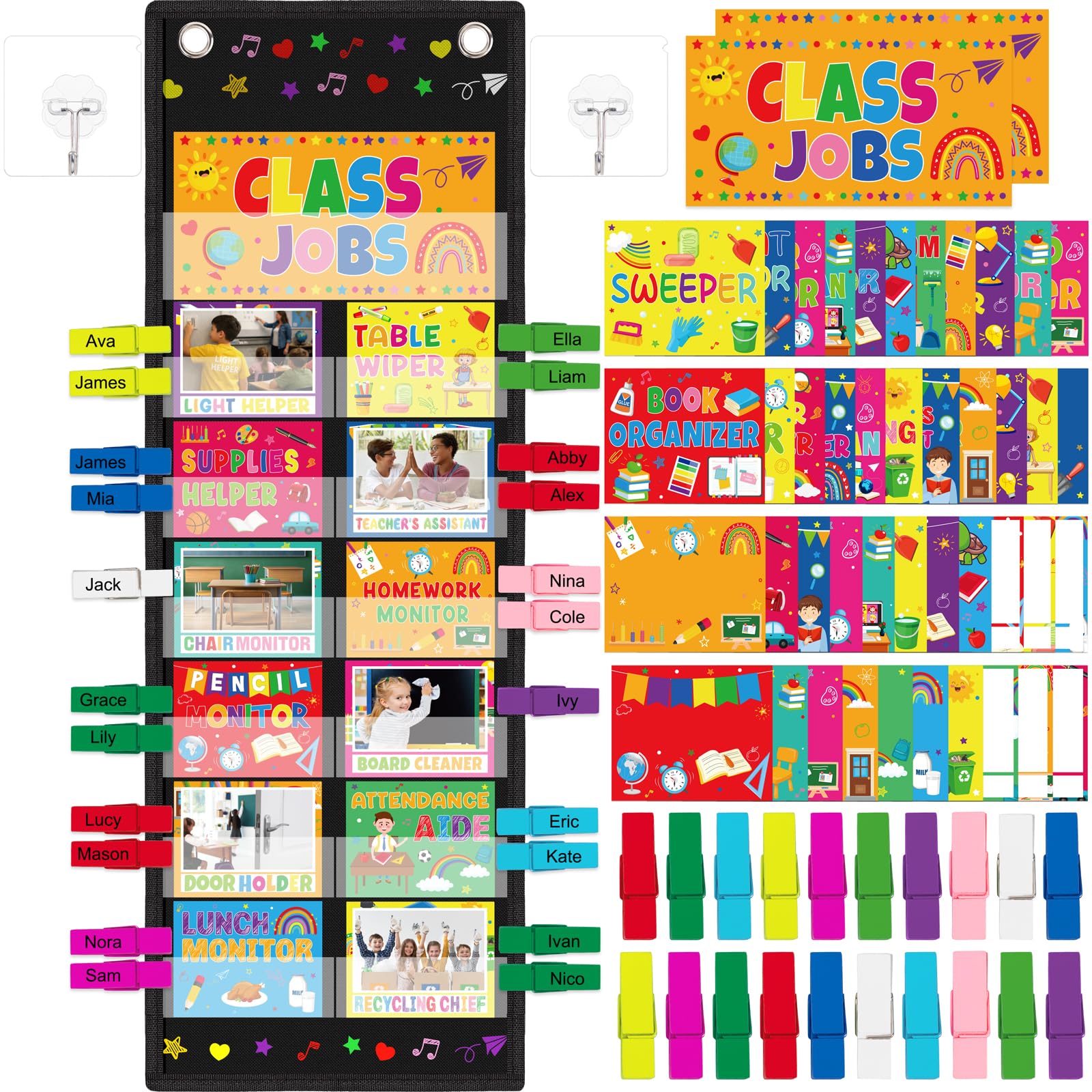 Class Jobs Pocket Chart for Classroom Decorations, 45 Colored Clips & 45 Behavior Cards, Teacher Must-Have Helper for Back to School Birthday Party Decor