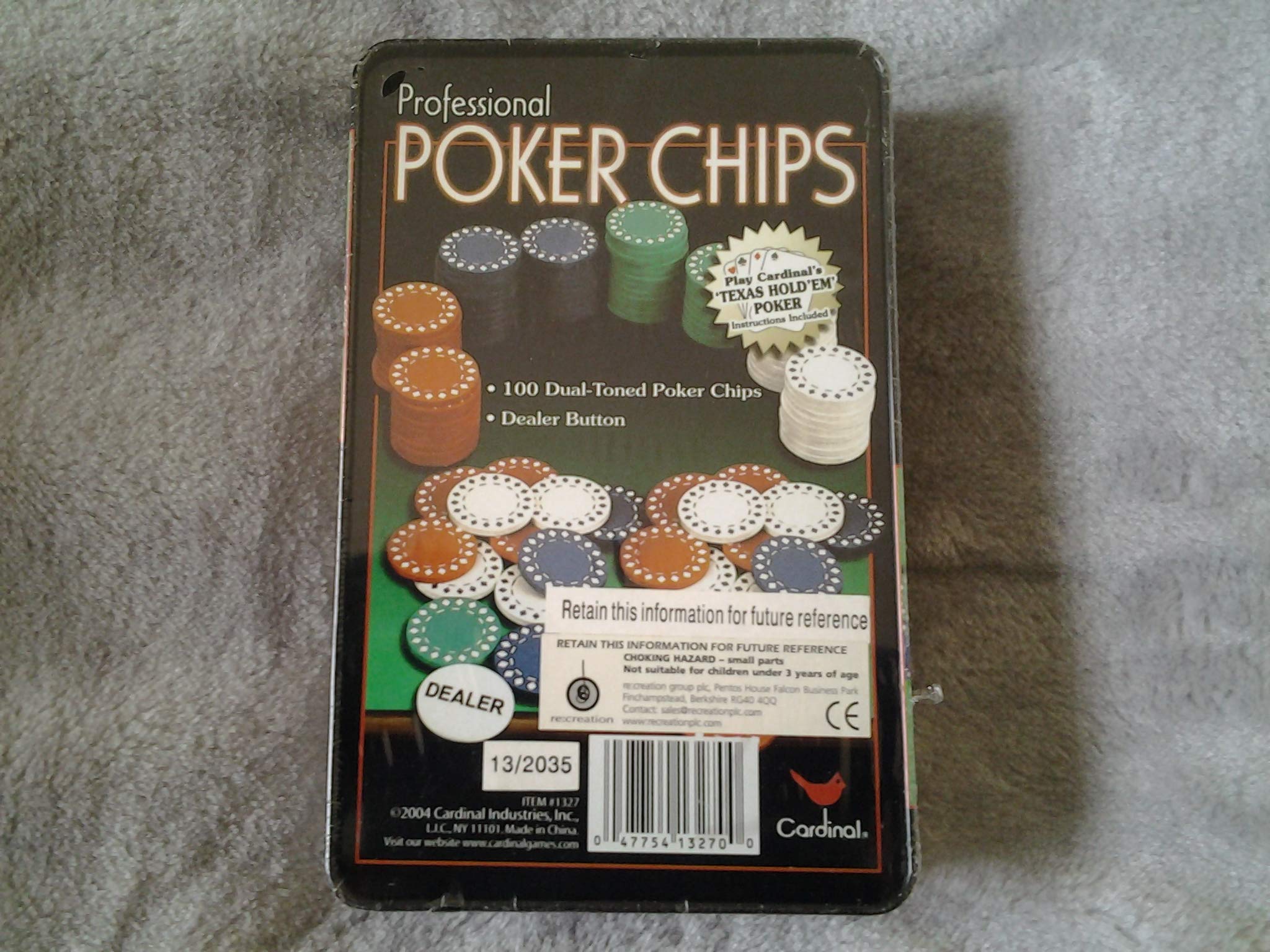 Cardinal Poker Chips - Klassisch, Unisex, 100 Zweifarbige Pokerchips, Händler-Button, Texas Hold'em Poker Anleitung, Wiederverwendbare Dose, Ab 216 Jahren, Max. 1200 Jahre