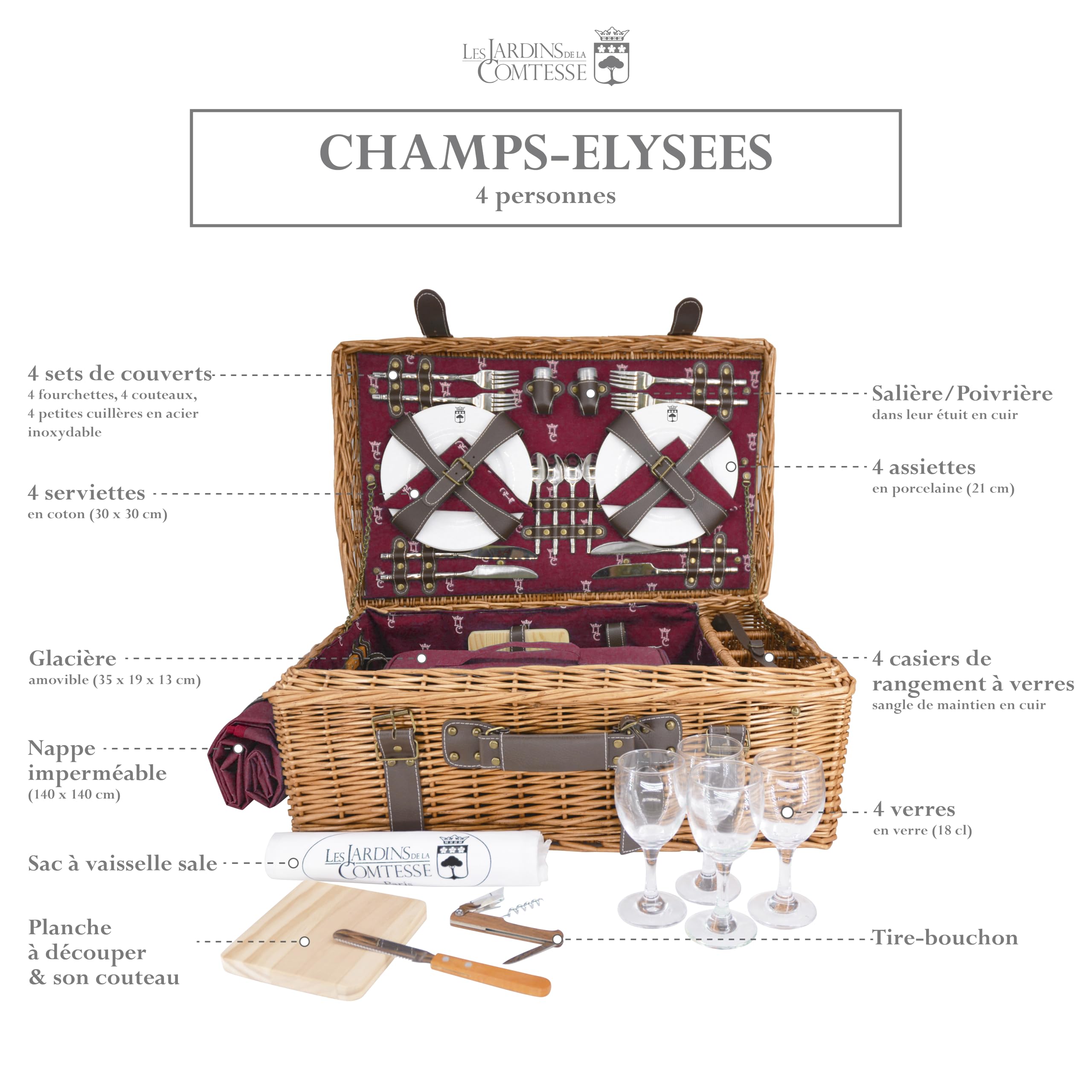 Les Jardins de la Comtesse - Malle Pique-Nique Osier et Cuir Champs-Elysées Bordeaux - 4 Personnes