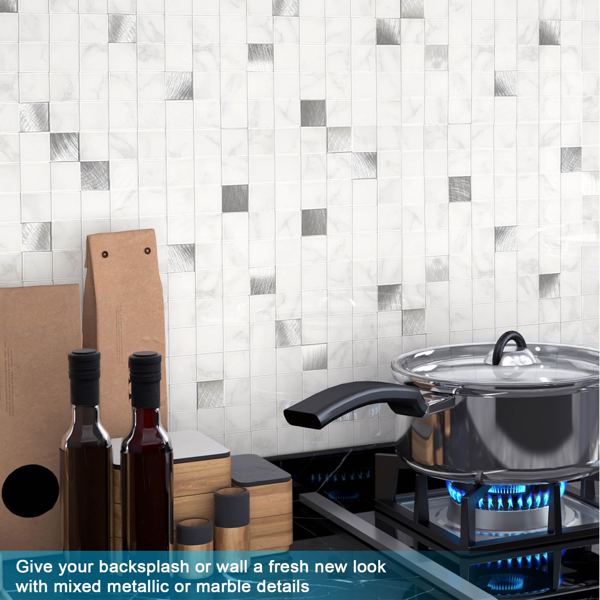 BeNice Zelfklevende tegels, marmer, stickers, spatwand voor keuken en badkamer, afzonderlijke tegels, groot, 16 stuks, carrara-wit