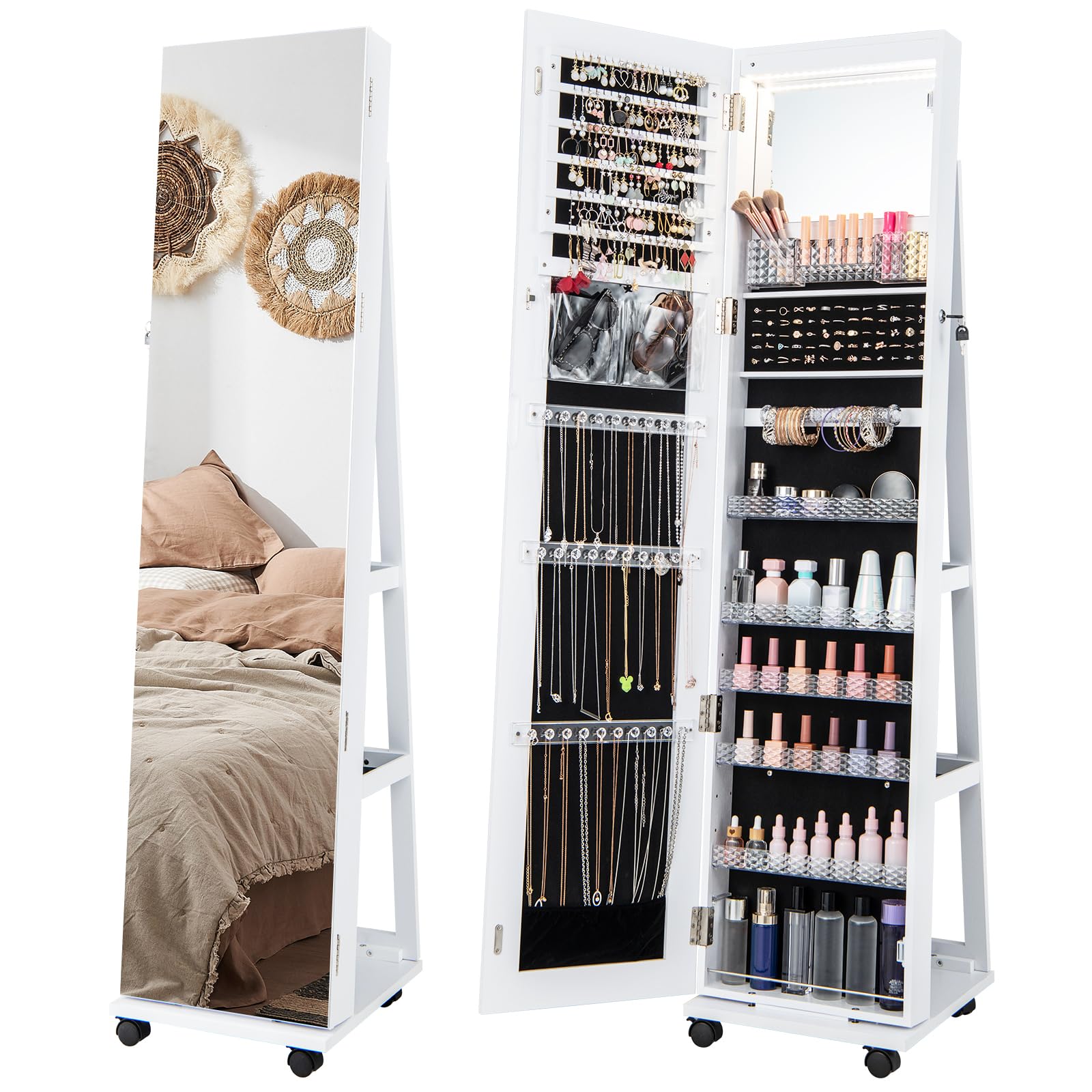 HOMASIS Armario para joyas con ruedas, Armario giratorio con luces LED de 3 colores y estantes ajustables, Espejo joyero de pie para collares, pendientes, maquillaje, 40x38x163cm (Blanco)