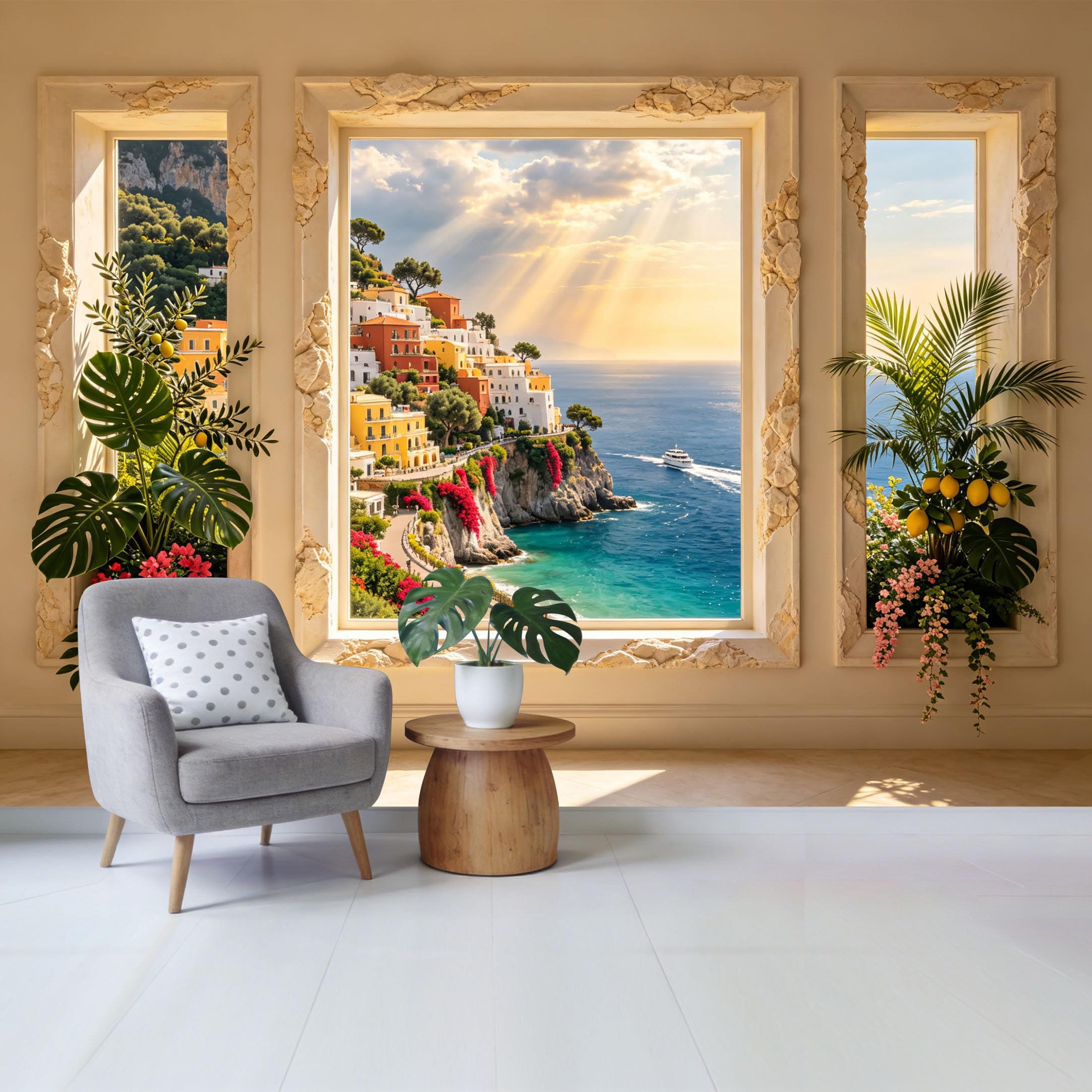 Removable Self Adhesive Fabric Mural， Mediterranean Coastal Landscape Custom Size Wall Covering， UV Protected Waterproof Washable Wall Decor for Living Room Bedroom Bathroom