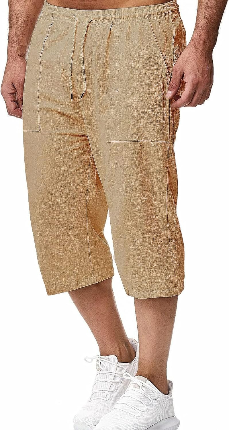 Mingzhu Men's Loose Drawstring Linen Long Shorts Summer 3/4 Below Knee Capri Pants - Image 3