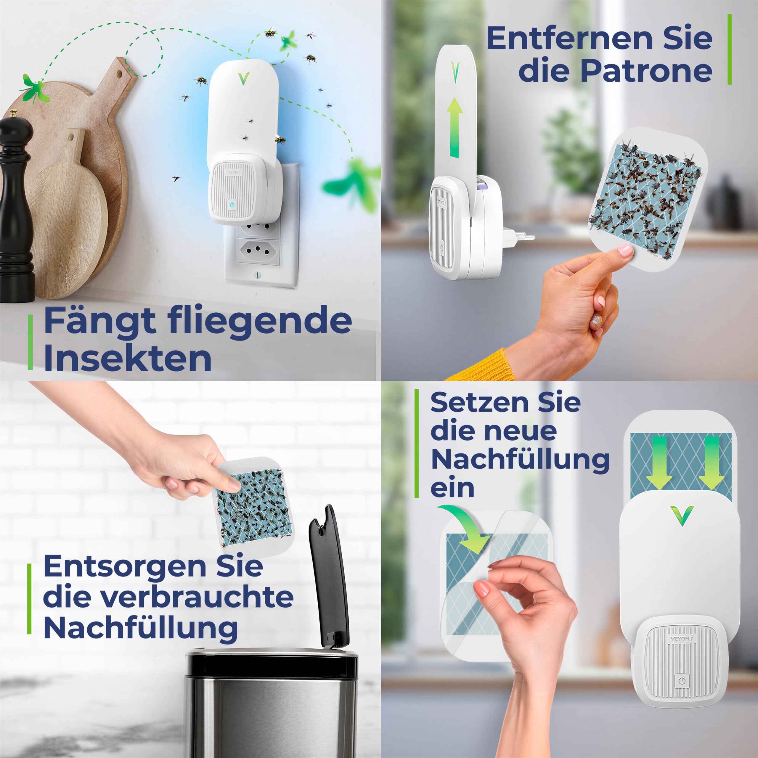 VEYOFLY Fliegenfalle UV, Fruchtfliegenfalle, 4 Geräte + 8 Nachfüllungen | UV-Licht lockt Insekten auf Wechsel-Klebekarten, leise 24/7, Stecker, Innenbereich, ohne Insektenvernichter Elektrisch