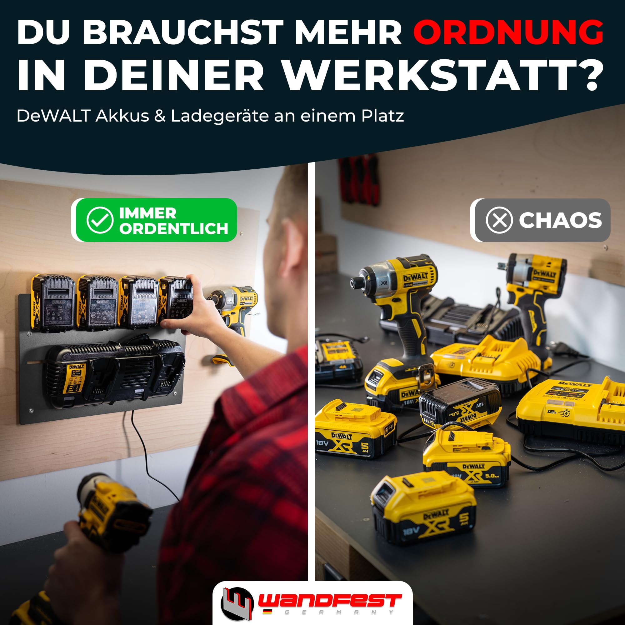 Wandfest Wandhalterung für DeWalt Akkus und Ladegeräte Made in Austria 1-4 Akkus