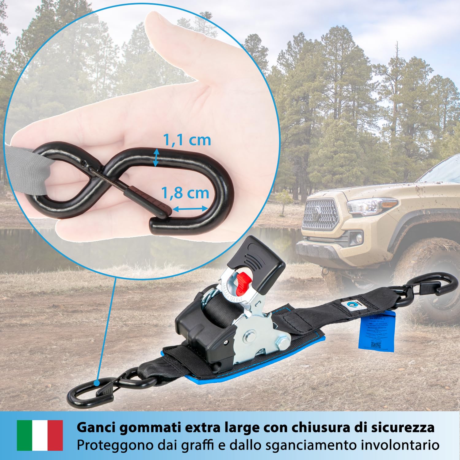 valonic TANUKI - 2x 3m XXL cinghie di fissaggio automatico, 50mm, 650/1300 Kg, imbottito, EN-12195-2 - con gancio, con cricchetto, nero, per moto