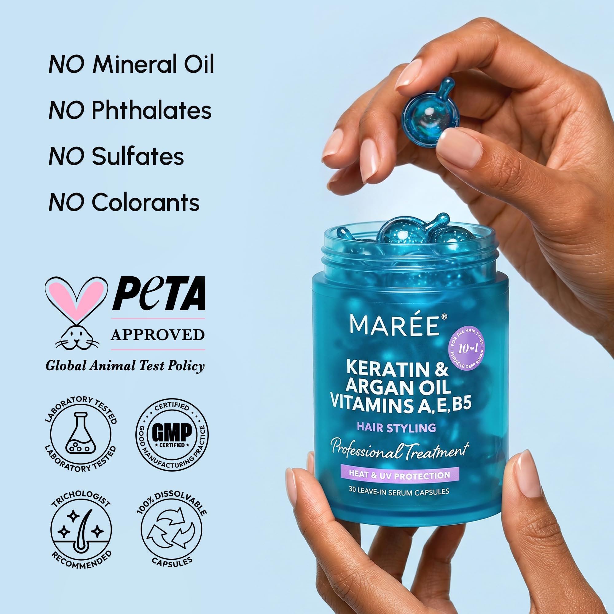 MAREE Suero para cabello dañado y dañado, cápsulas de aceite de queratina hidratante y estilizado con aceite de aguacate, jojoba y argán, suero para cabello, sin enjuague, vitaminas A, E | para Frizzy