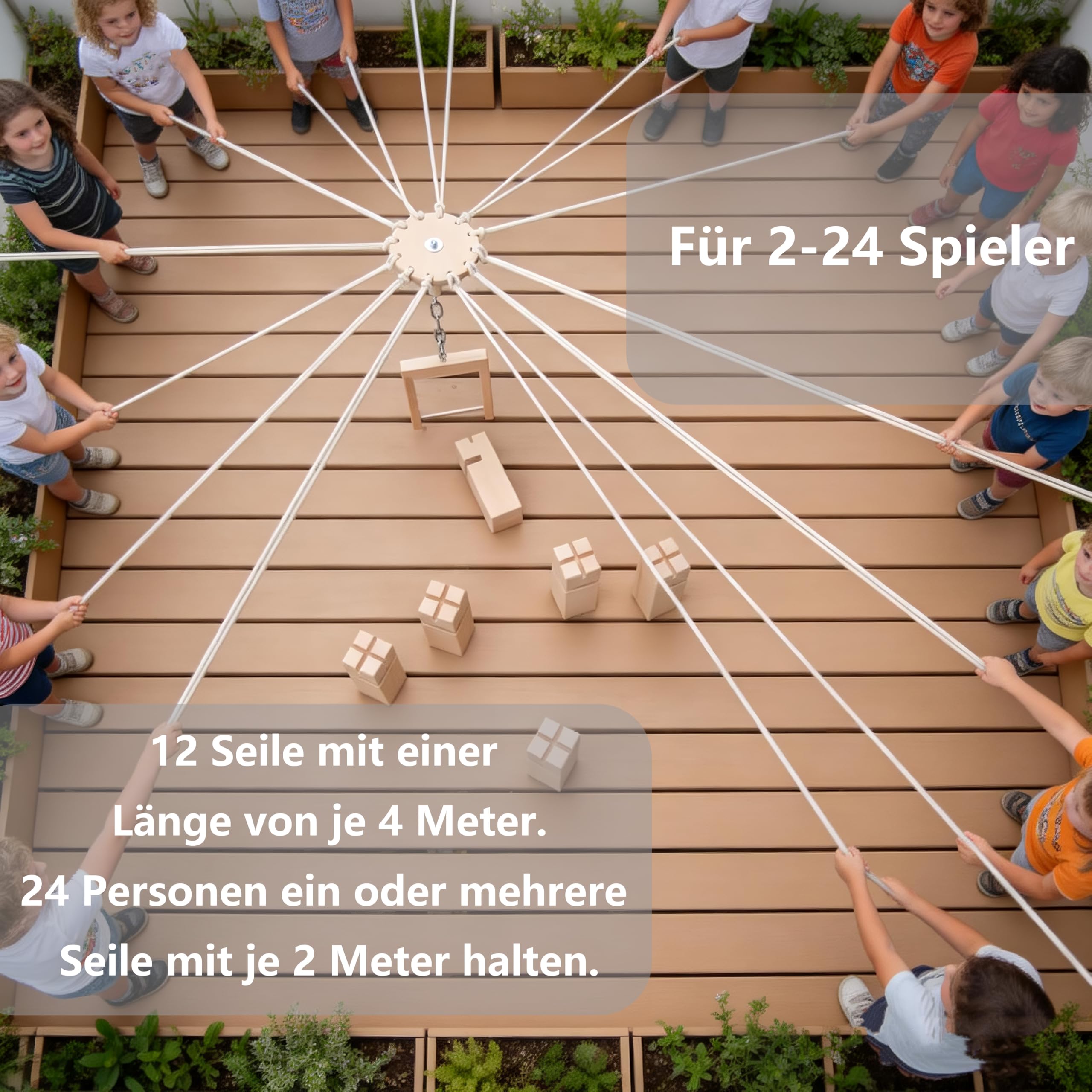 Torre di Frobel, gioco di squadra, Tower of Power, gioco impilabile | Favorisce la comunicazione e il lavoro di squadra, per gruppi ed eventi, include corde, gru e 6 blocchi in legno di faggio
