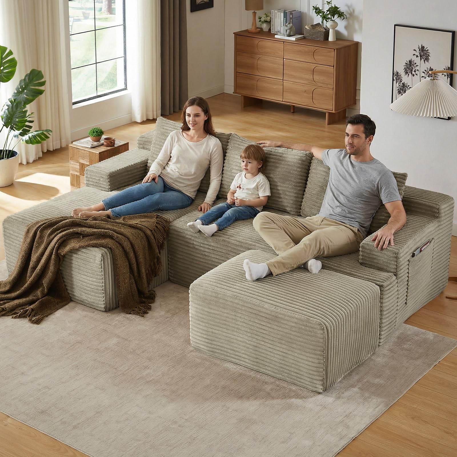 96" U-Shape Cloud Couch, Modern Modular Sectional L-Shape Sofa with Ottoman, Corduroy Upholstered Couches Deep Seat Sleeper Chaise Longue for Living Room, No Assembly Required(Camel, Left Facing)