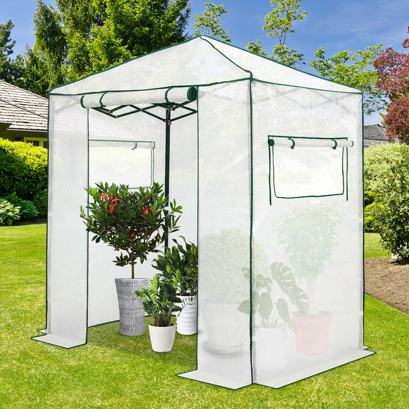 EAGLE PEAK 6x4 Portable Walk-in Greenhouse Instant Pop-up Fast Setup Indoor Outdoor Plant Gardening Green House Canopy, Front Roll-Up Zipper Entry Doors and Roll-Up Side Windows, White