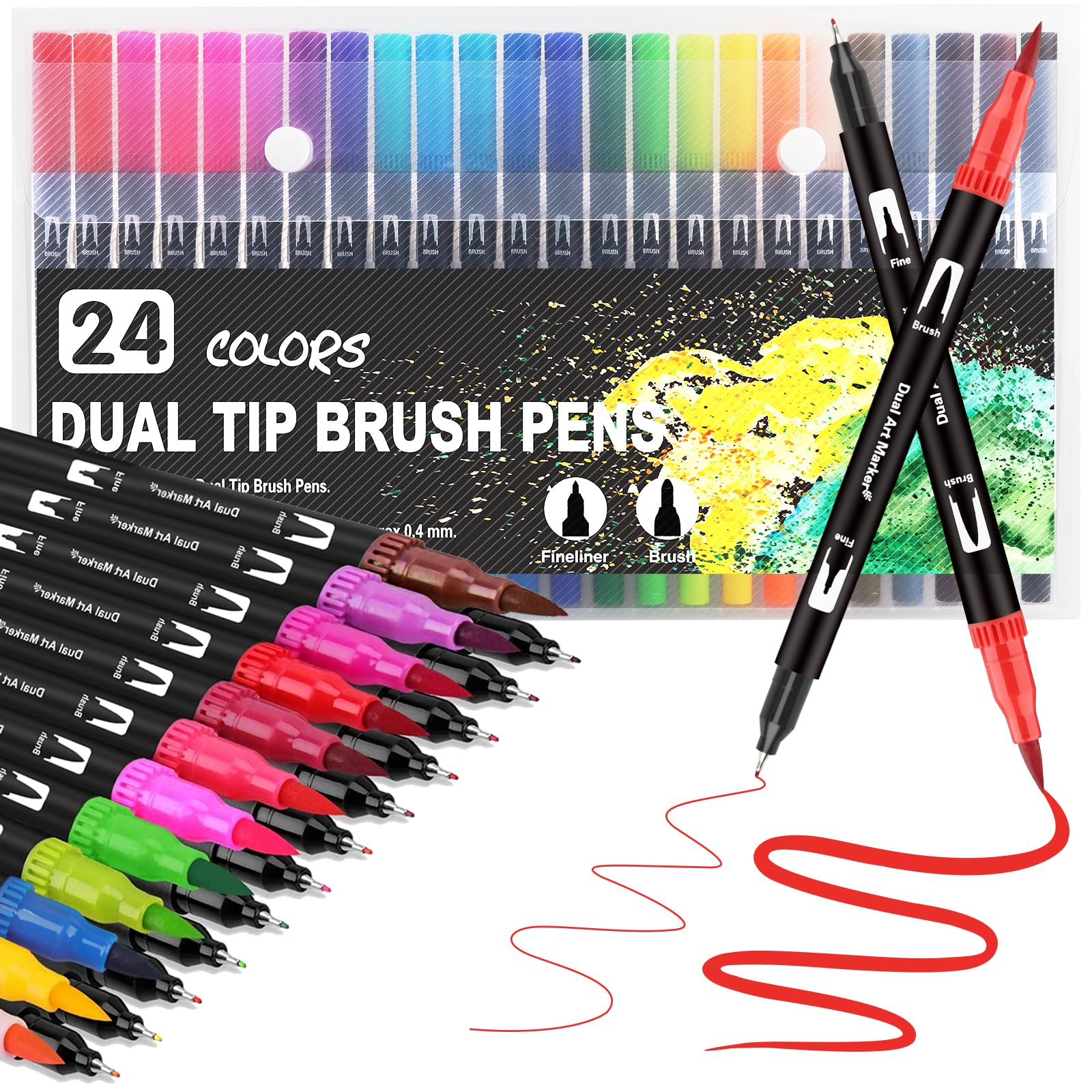 Colouring Pens Dual Tip Brush Pens, 24 Colors Felt Tip Pens for Adults, Brush Marker Pens for Colouring Book Journal Drawing Lettering Sketching