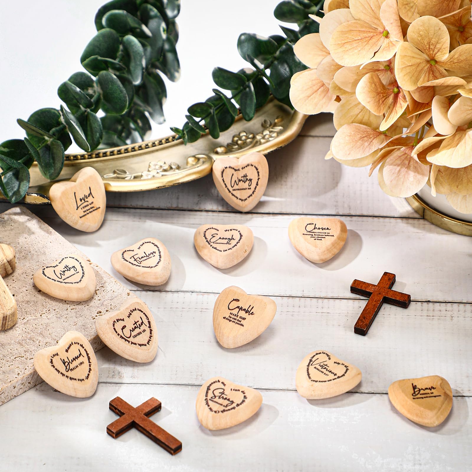 Geelin Christian Gift Religious Wooden Heart Tokens with Inspirational Bible Verses Pocket Hug for Father's Day Dad Women Men Friends Church Scripture Party Favor(Natural‌,72 Pcs)