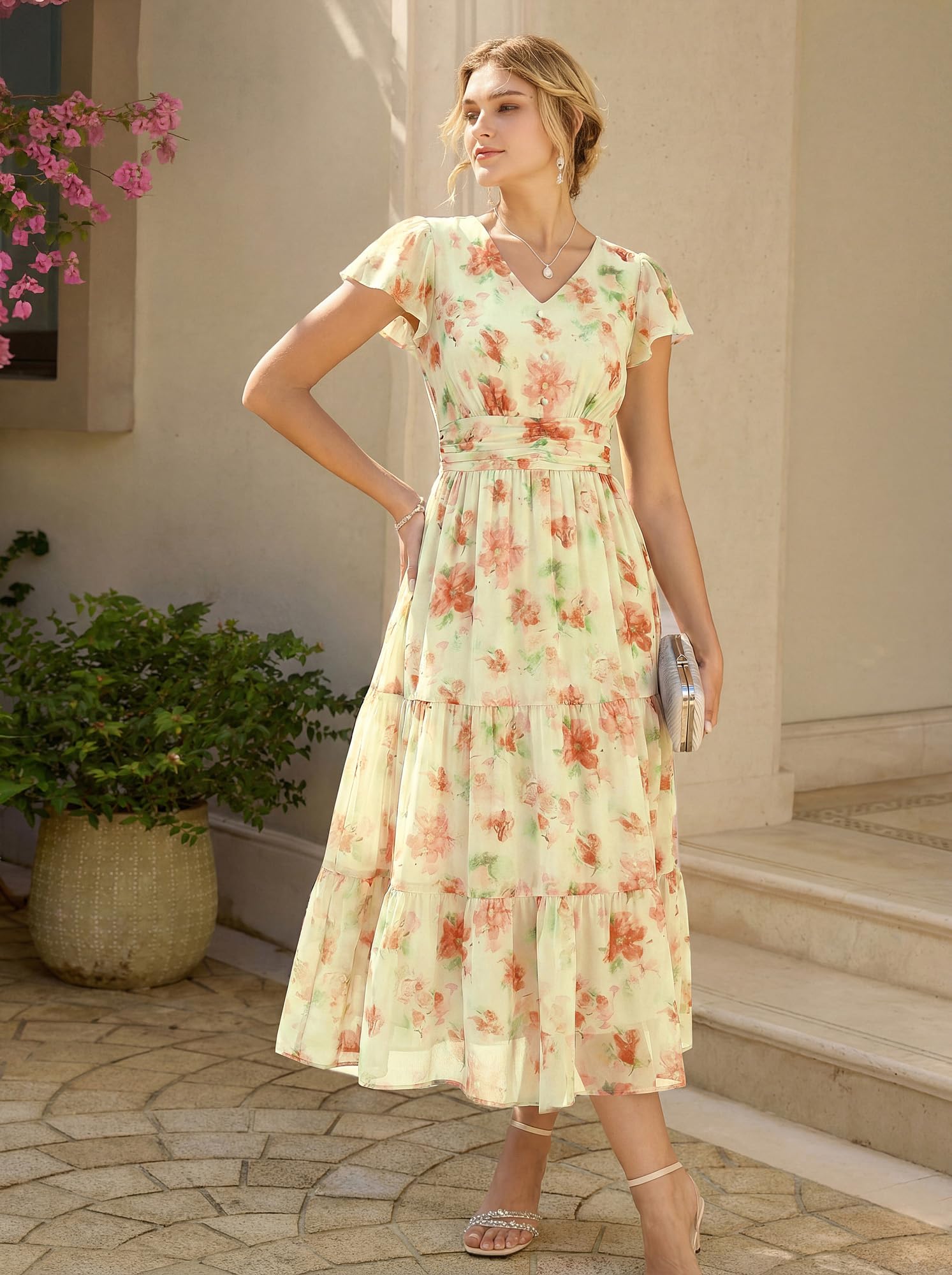 GRACE KARIN Vestido de verano para mujer con mangas con volantes, cuello en V, línea A, con bolsillos
