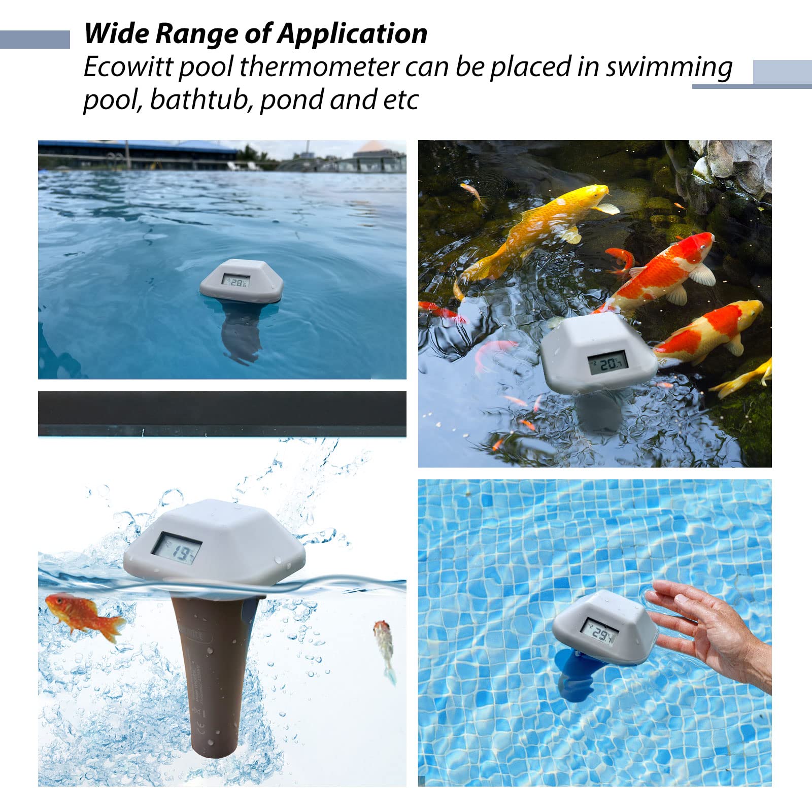 ECOWITT Termómetro inalámbrico para piscina WN0298, sensor de temperatura flotante fácil de leer para piscinas, agua de baño y jacuzzi, pantalla LCD interior, acoplamiento con 8 canales WN31/WN30