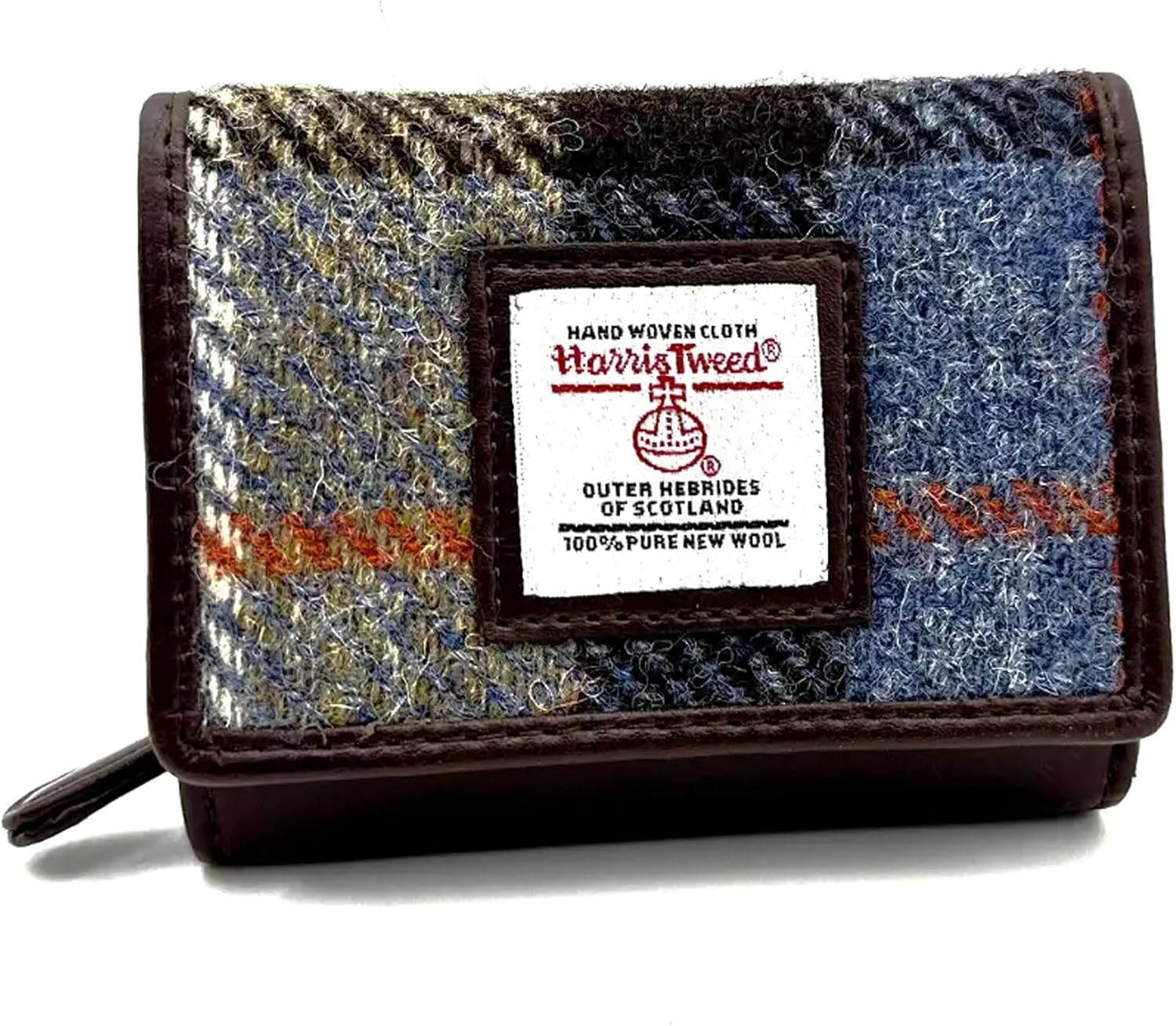 Authentic Harris Tweed Trifold Purse Vegan Leather Compact Scottish Design, Dimensions: 4.13"x3.34"x1.37" (BLUE/BROWN CHECK)