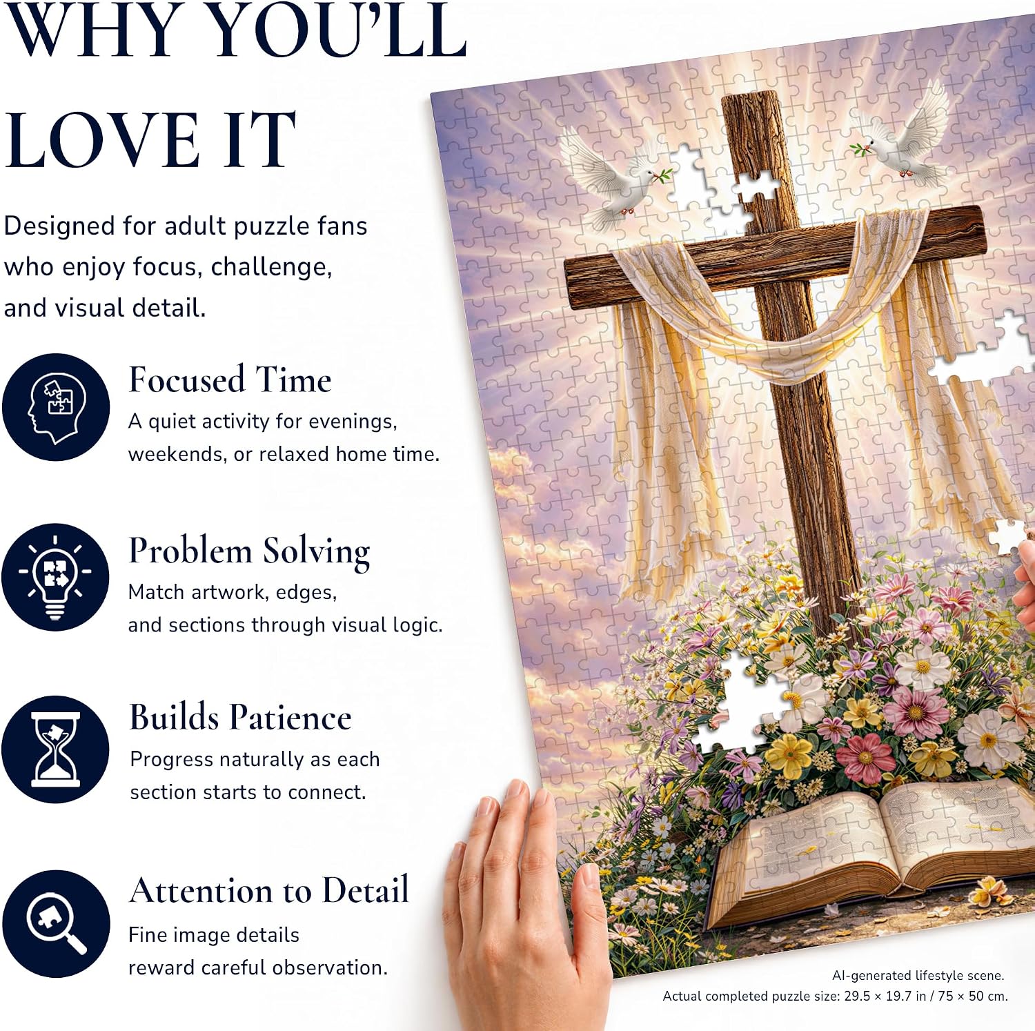 Christian Wooden Puzzle 1000 Pieces, Sacred Sunrise Faith Artwork with Letters on Back, Challenging Jigsaw Puzzles for Adults image 5