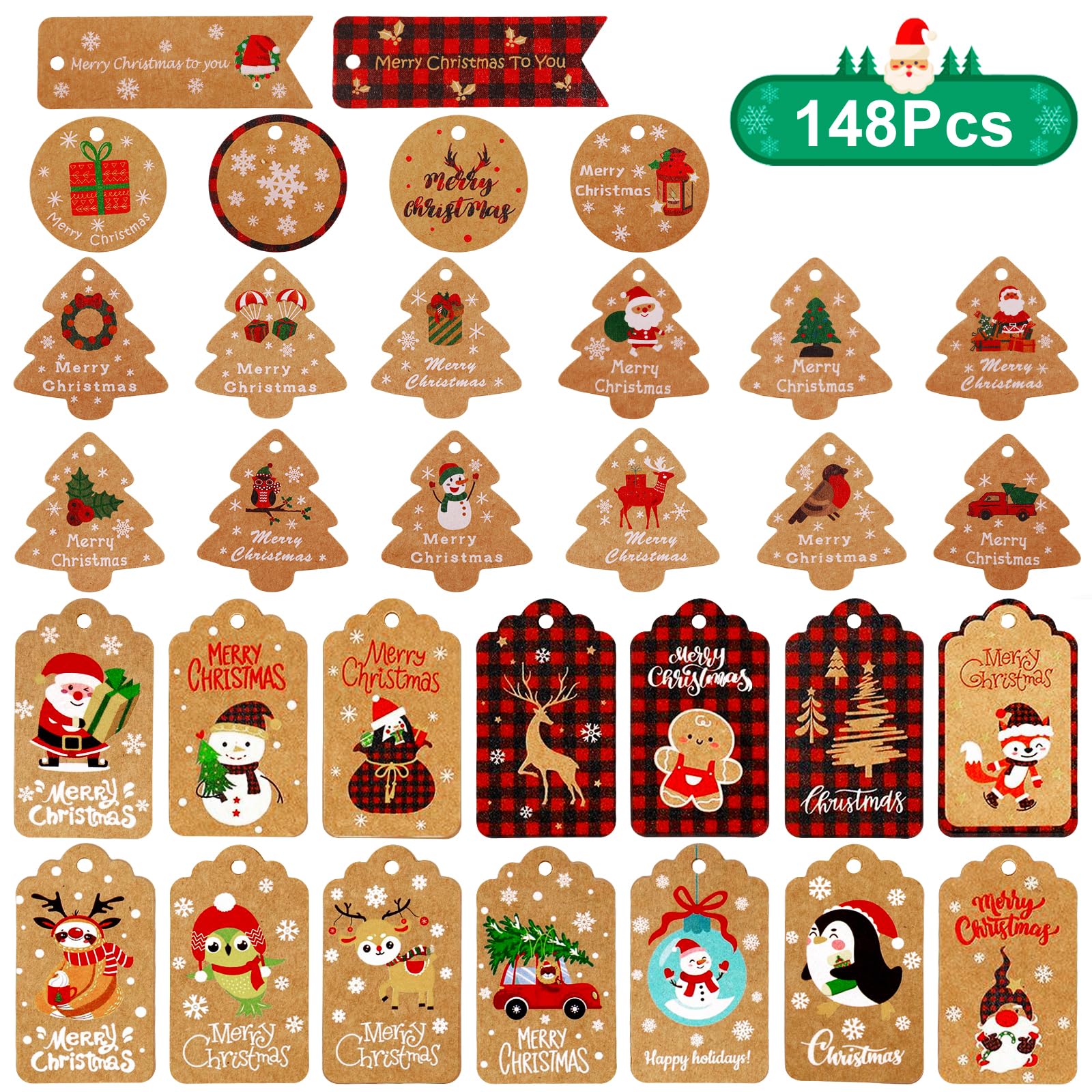 Joogee Xmas Gift Tags 148 PCS Paper Labels with Strings, Holiday Tag in Xmas Designs for Gift Wrapping, Kraft Christmas Tags