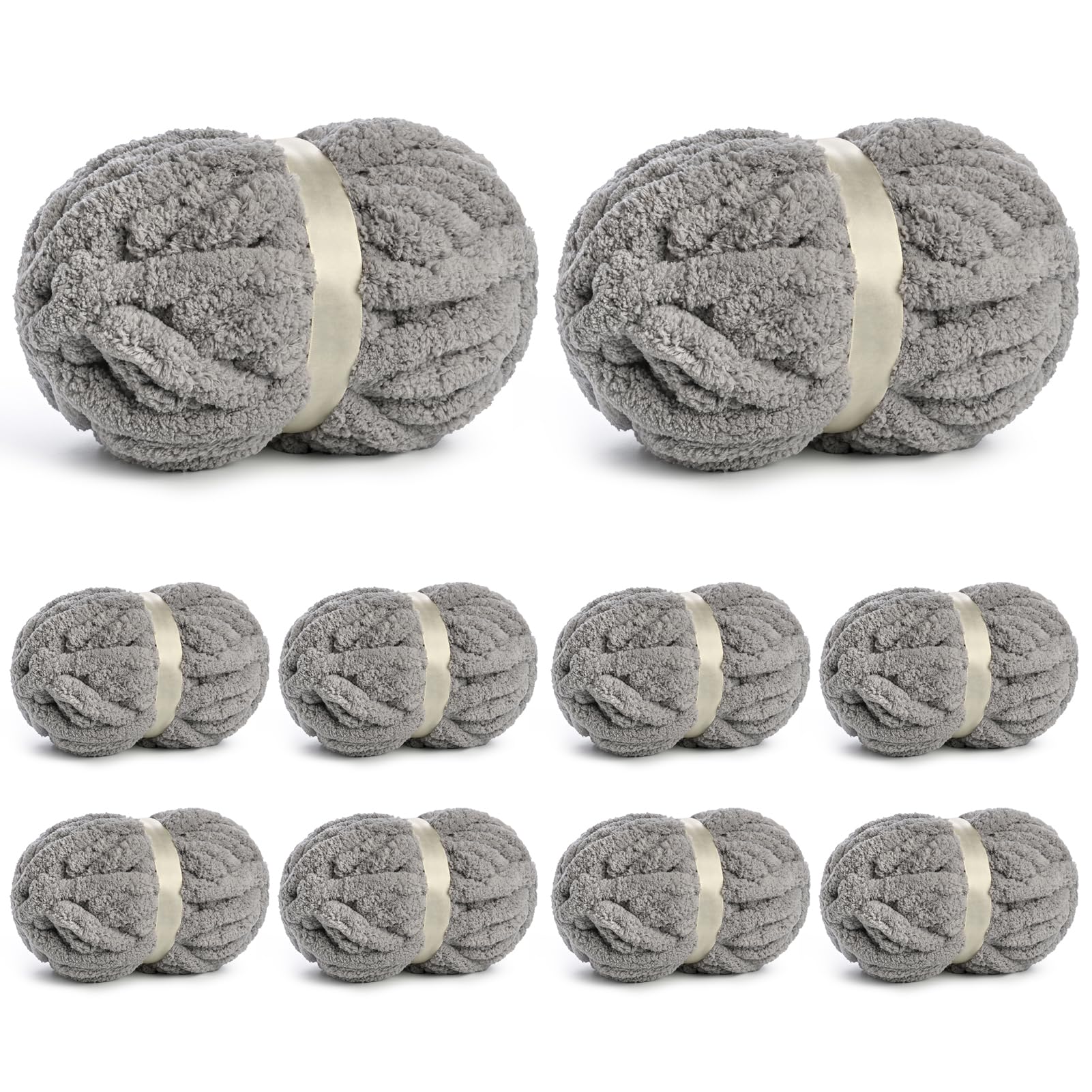 10 Pack of Jumbo Chunky Yarn for Hand Knitting,10# Super Bulky-Fluffy Chenille Yarn, 220 yds/70.5 oz Soft Thick Yarn for Crocheting Chunky Knit Throw Blankets.(Light Grey)