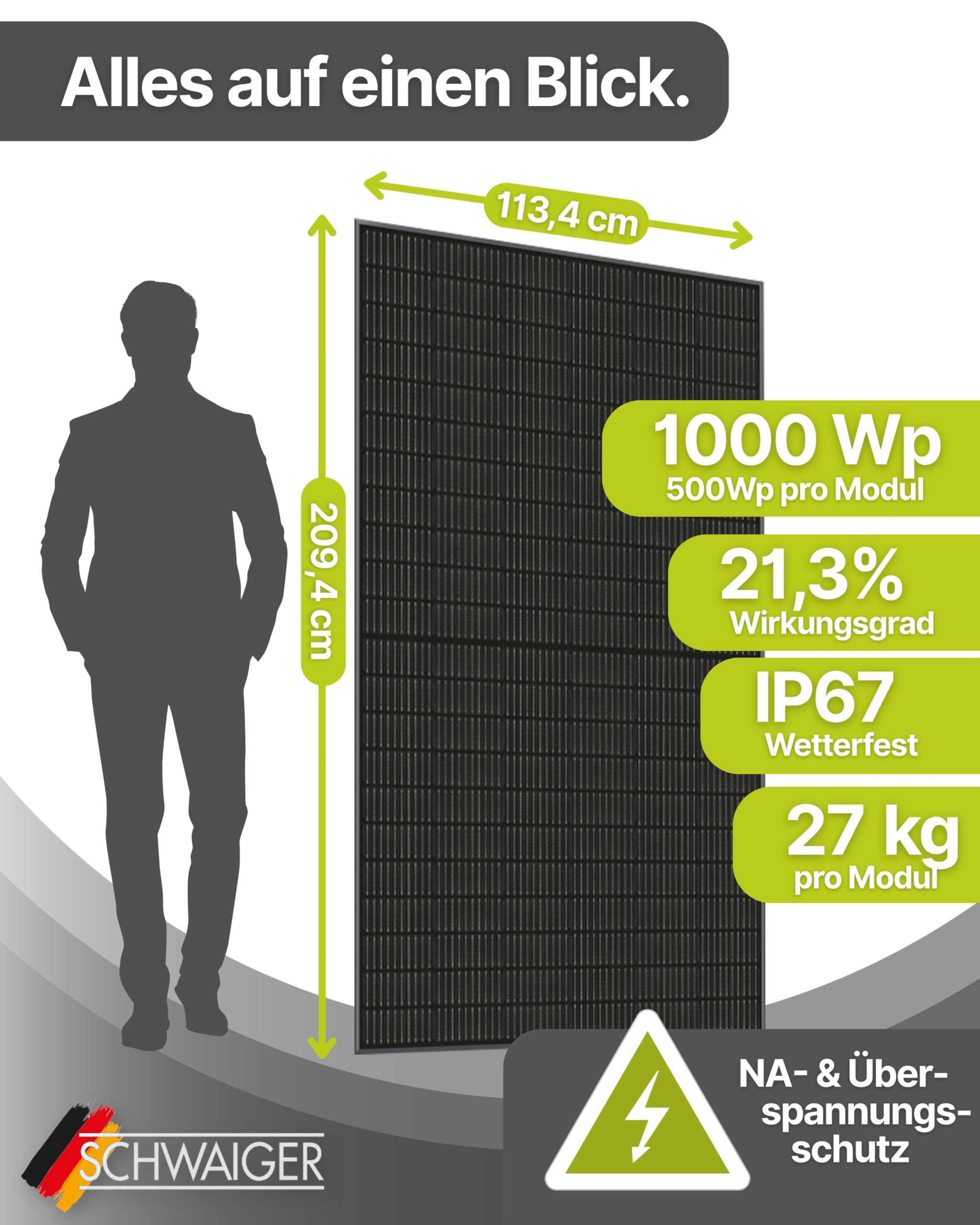 SCHWAIGER Balkonkraftwerk 2er Set mit Full Black Solarpanels 1000Wp I 2×500Wp Solarmodule inkl. Alu‑Ständer, 800W WiFi‑Wechselrichter & 5m Kabel I Plug & Play Solaranlage für Balkon & Garten