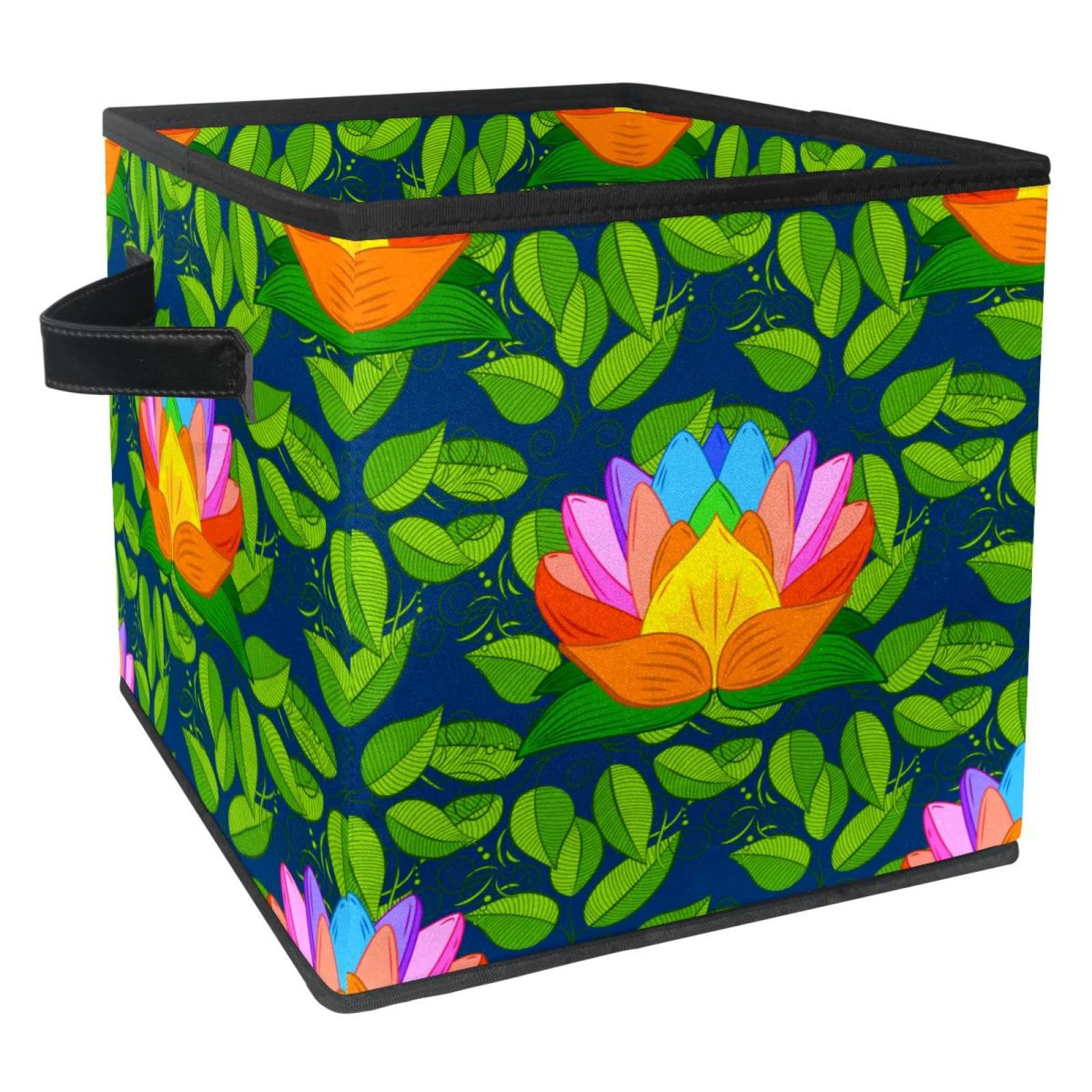 Boîte de rangement pliable en tissu imprimé lotus et feuilles pour placard et chambre