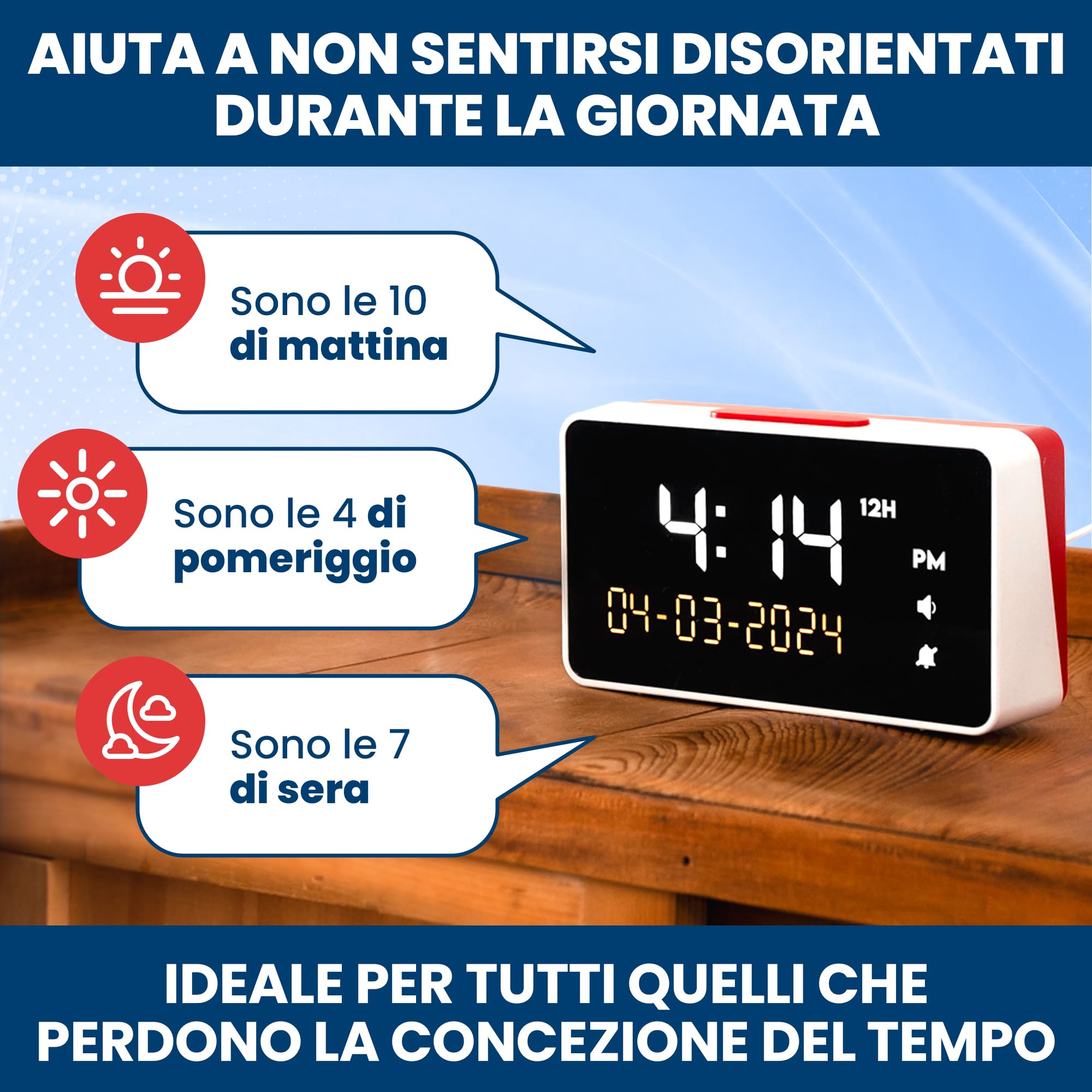Top Life Sveglia Parlante - Volume Extra Alto - per Anziani, Ipovedenti, Ciechi, Malati di Alzheimer - Orologio a 12 o 24 ore - Sveglia con Cifre Grandi, Voce Italiana