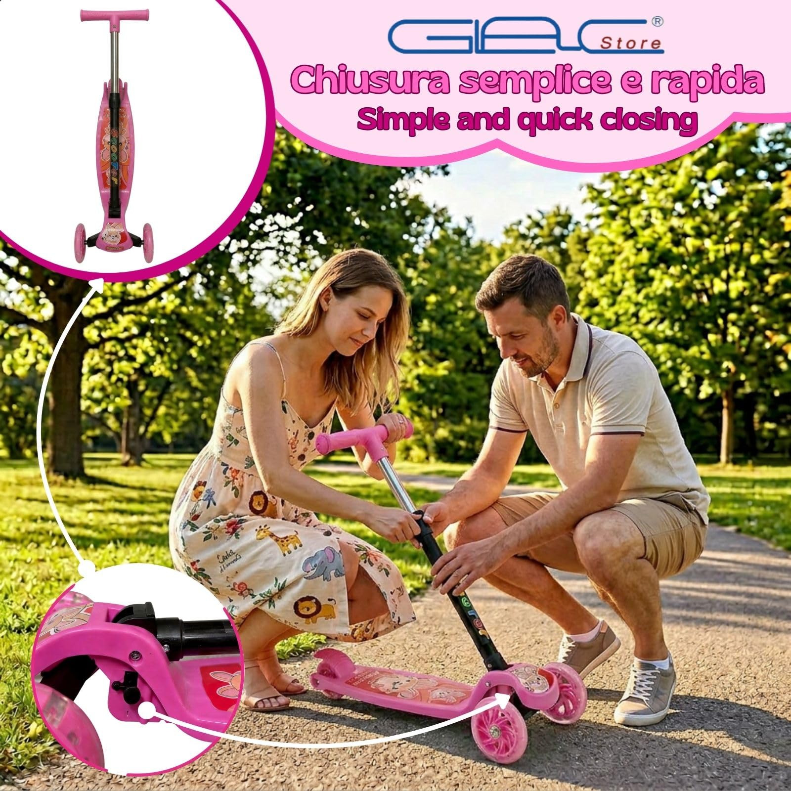 Monopattino per Bambini, 3 Ruote con Luci LED, Manubrio Regolabile in 4 Altezze, Freno a Pedale, Uso Esterno, dai 3 Anni in su