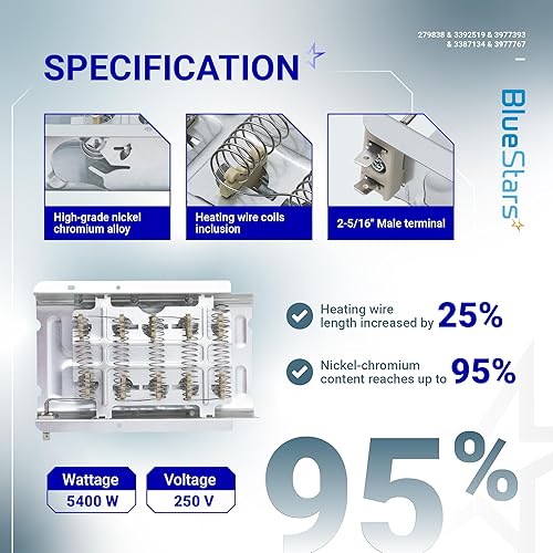 Miniatura 2 de [2025 actualizado] 279838 WED4815EW1 Elemento calefactor para secadora de hidromasaje WED6200SW1 WED5000DW2 WED5300VW0 WED4800BQ1 Maytag MEDC215EW1